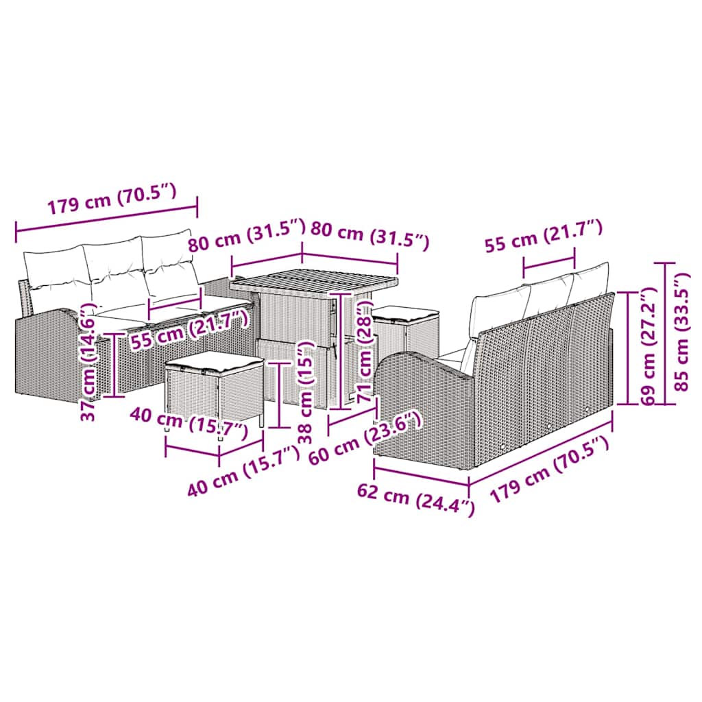 Gartensofa-set 9 stk. Schwarz Poly-Rattan