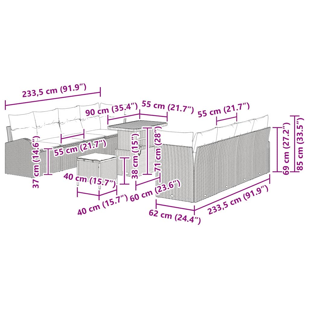 Gartensofa-set 11 stk. Schwarz Poly-Rattan