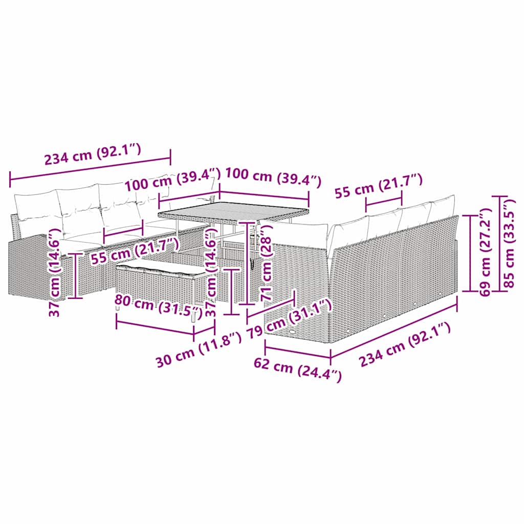 Gartensofa-set 11 stk. Schwarz Poly-Rattan