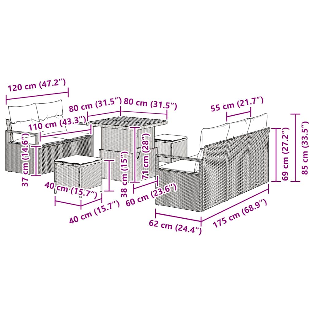 Gartensofa-set 8 stk. Schwarz Poly-Rattan