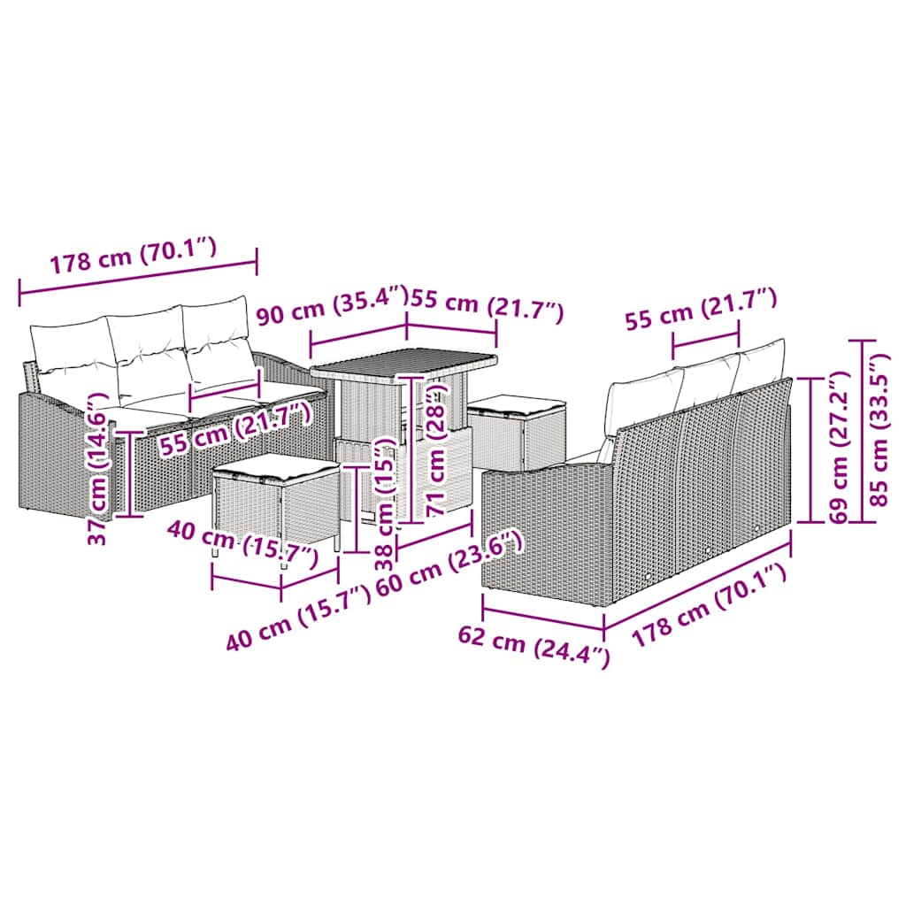 Gartensofa-set 9 stk. Schwarz Poly-Rattan