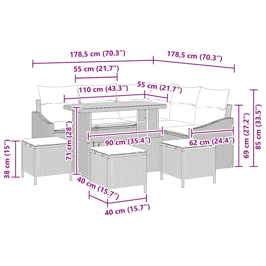 Gartensofa-set mit Kissen 9 pcs Schwarz Poly-Rattan
