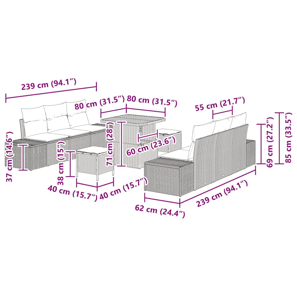 Gartensofa-set 9 stk. Schwarz Poly-Rattan