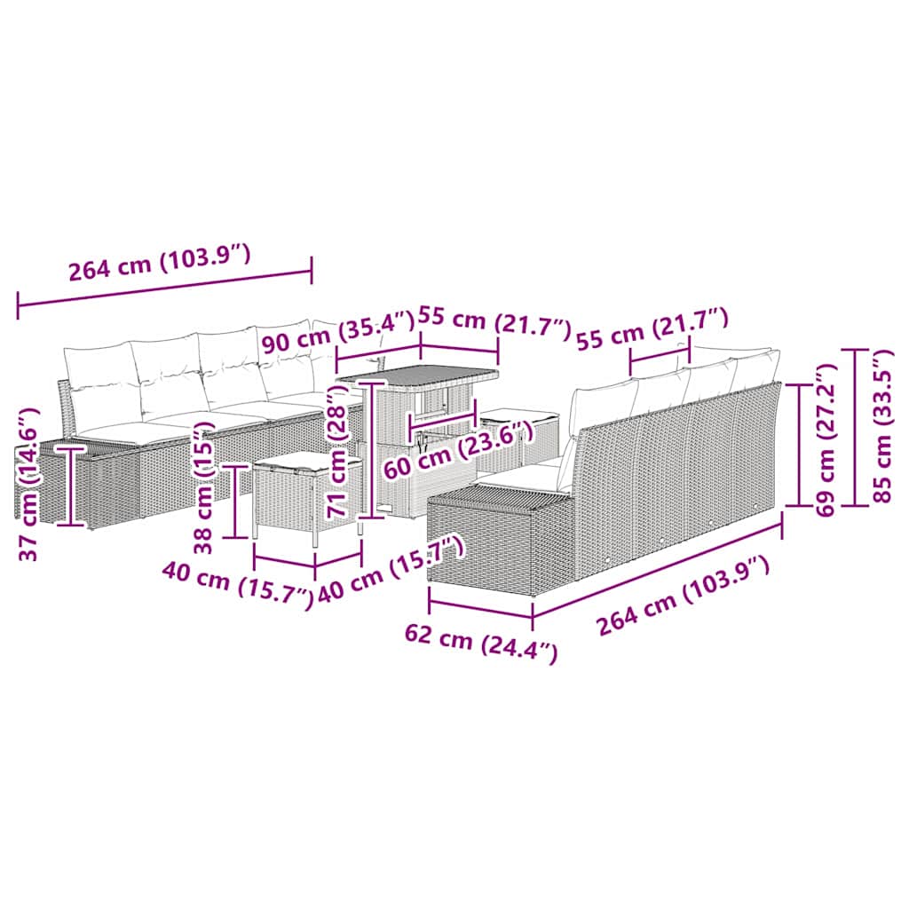 Gartensofa-set 11 stk. Schwarz Poly-Rattan