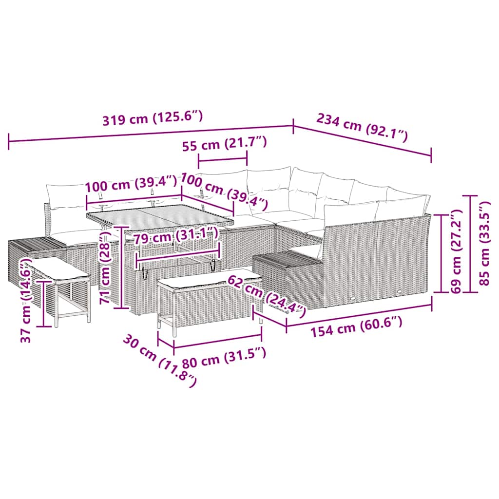 Gartensofa-set 12 stk. Schwarz Poly-Rattan