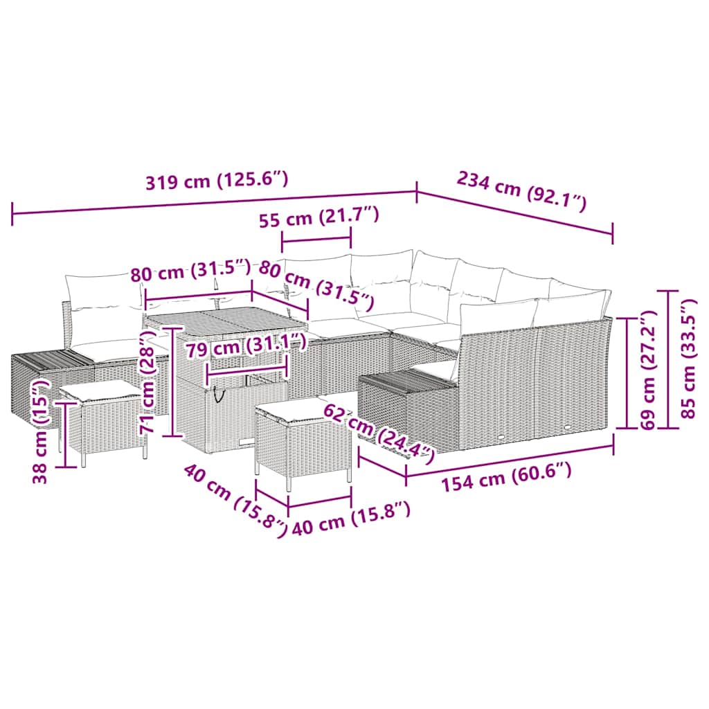Gartensofa-set 12 stk. Schwarz Poly-Rattan