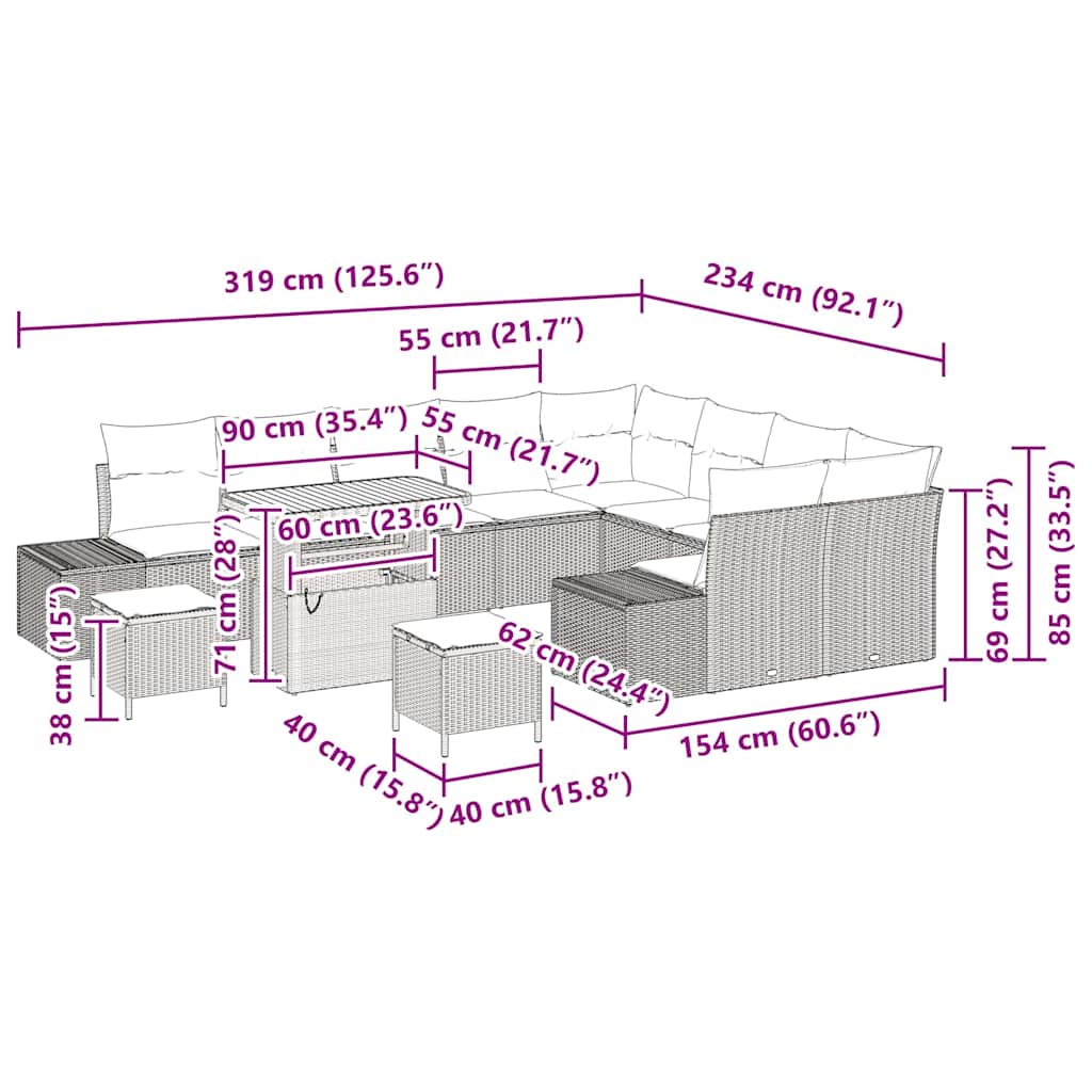 Gartensofa-set 12 stk. Schwarz Poly-Rattan