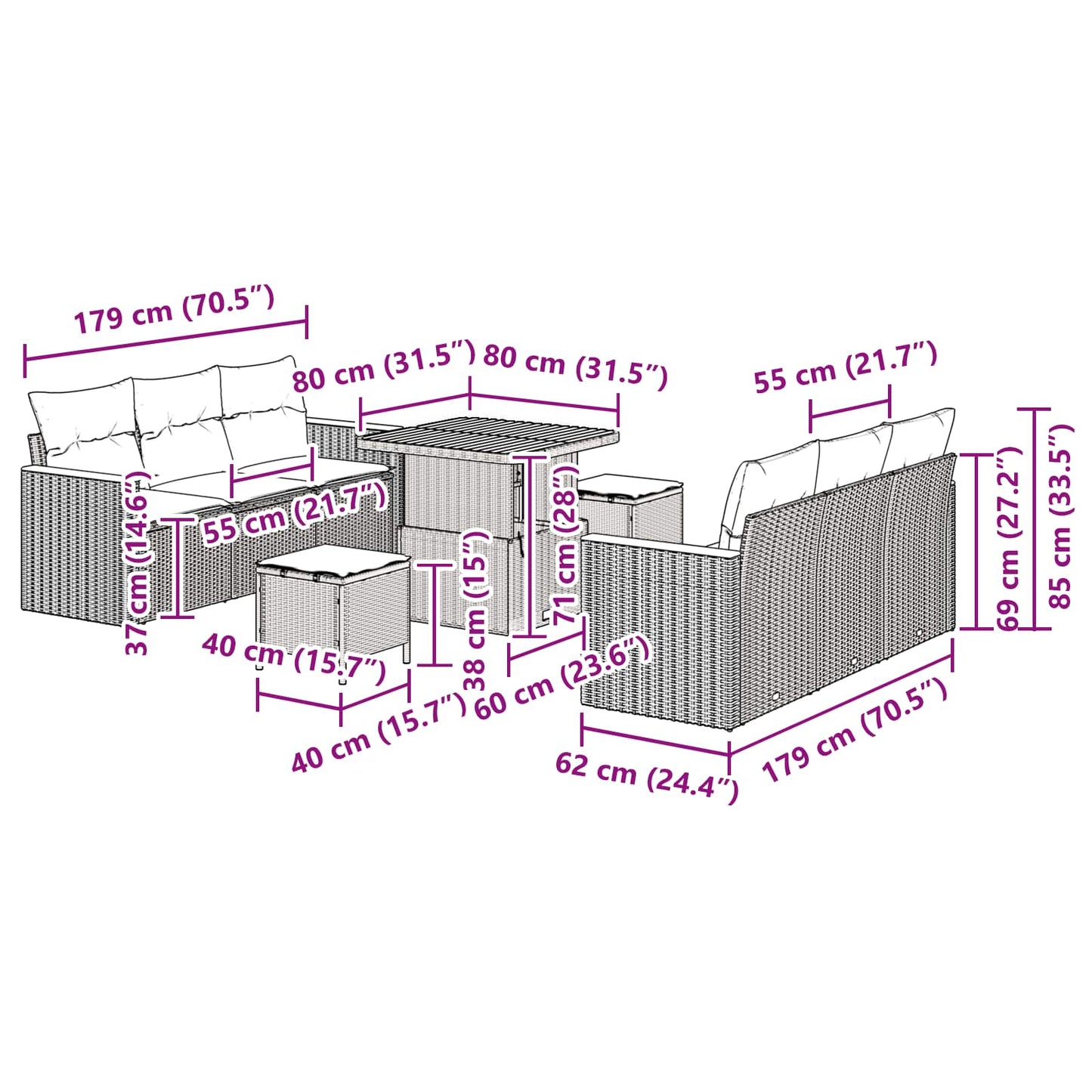 Gartensofa-set 9 pcs Schwarz Poly-Rattan