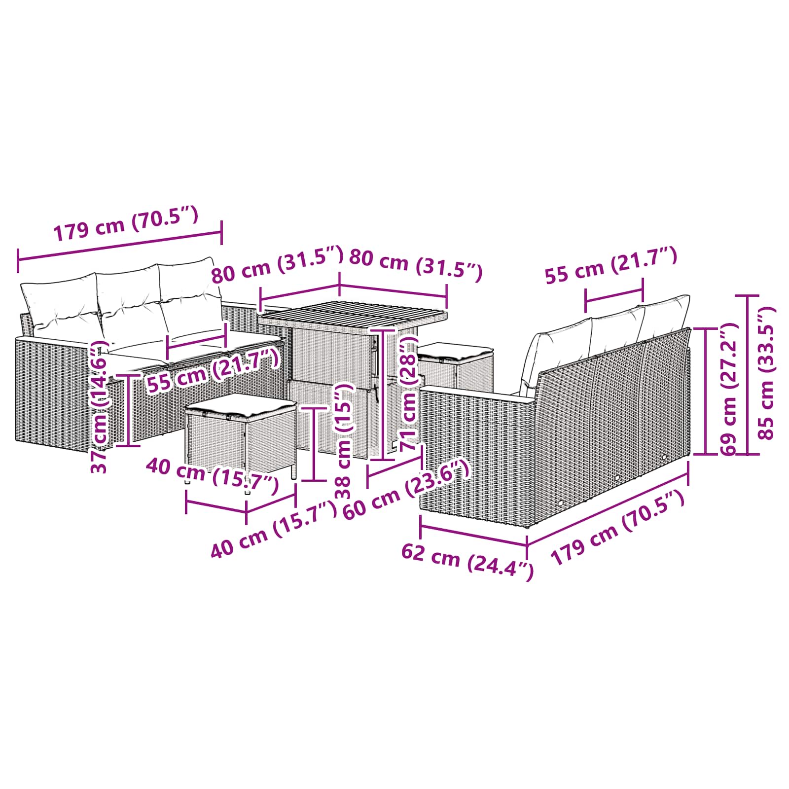 Gartensofa-set 9 pcs Schwarz Poly-Rattan