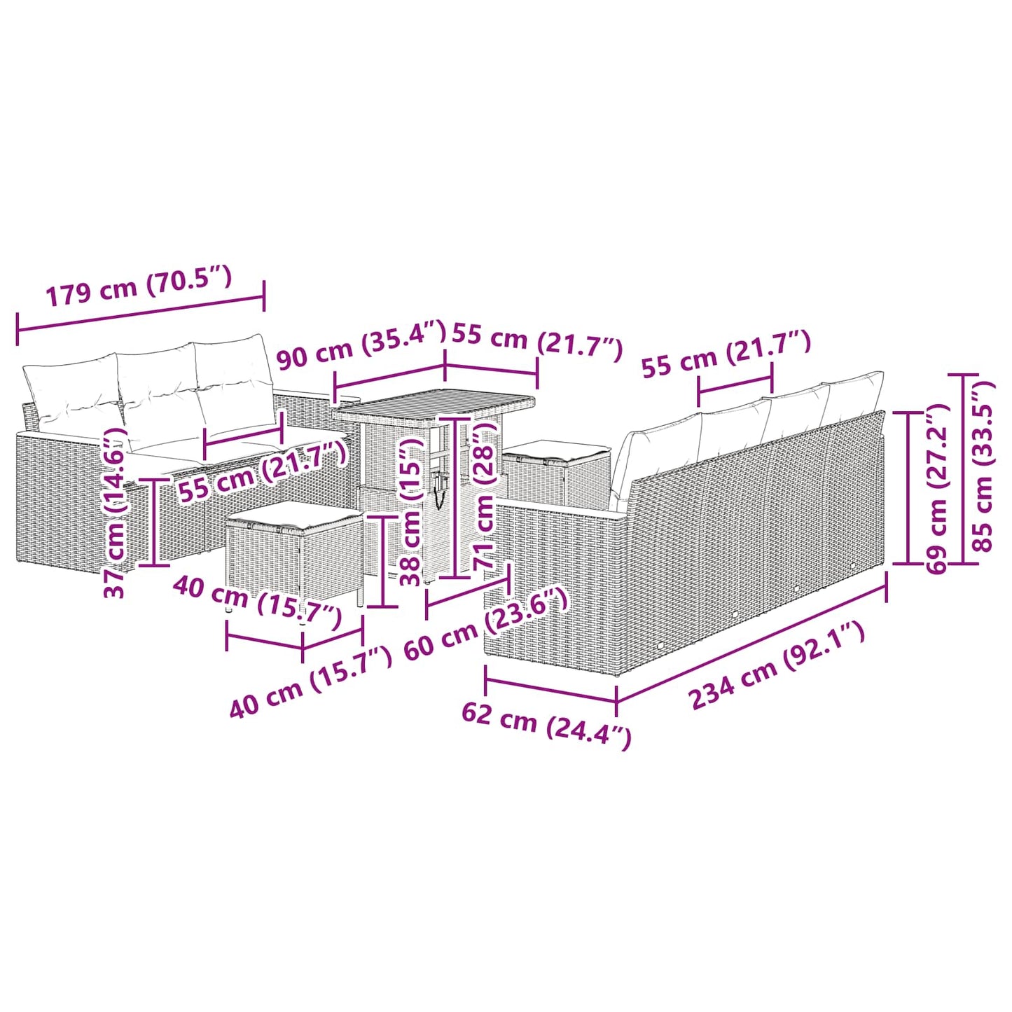 Gartensofa-set 10 stk. Schwarz Poly-Rattan