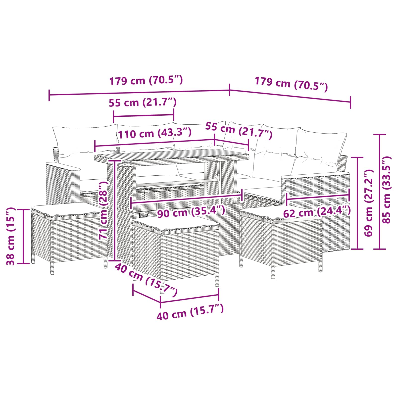Gartensofa-set 9 stk. Beige Poly-Rattan