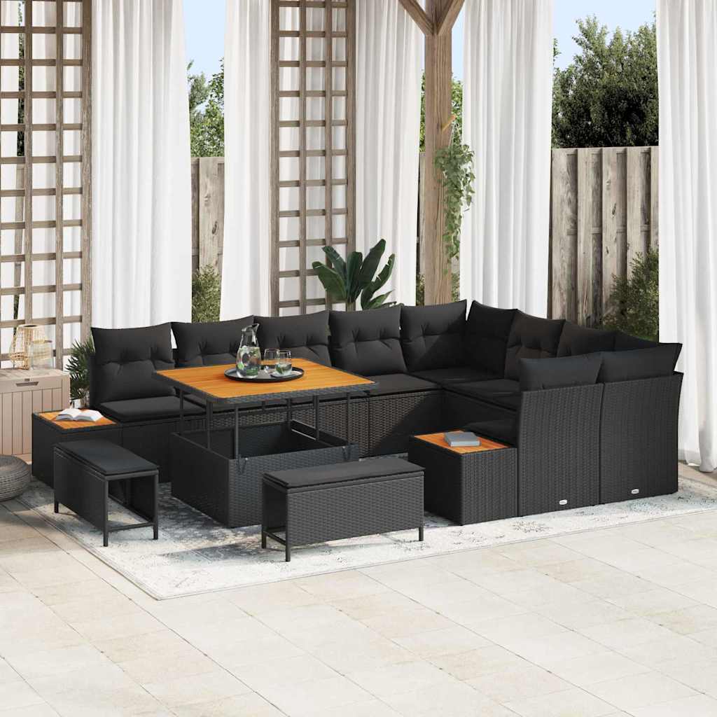 Ensemble de canapés de jardin 12 pièces et coussins en polyrotin noir acacia