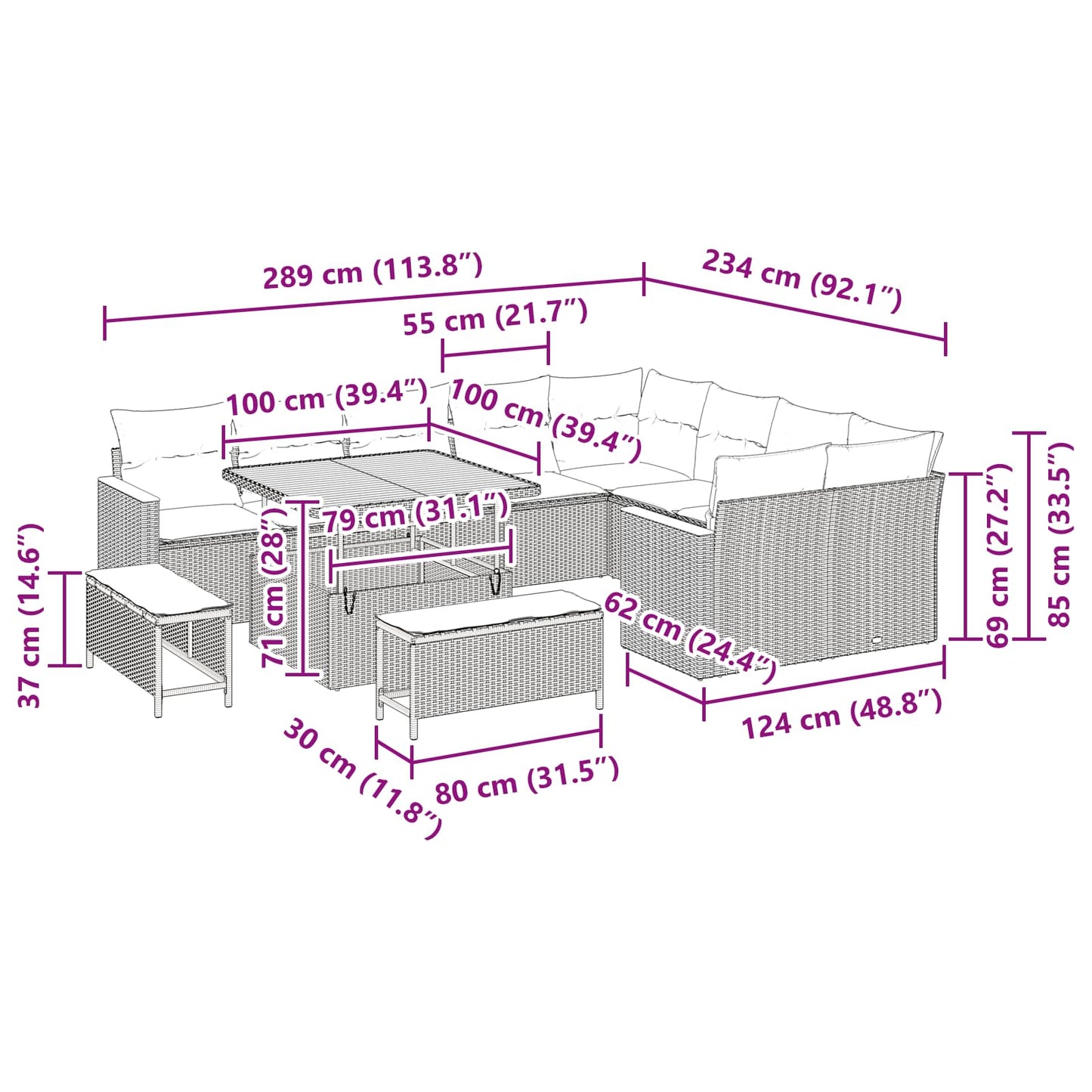 Gartensofa-set 12 stk. Schwarz Poly-Rattan