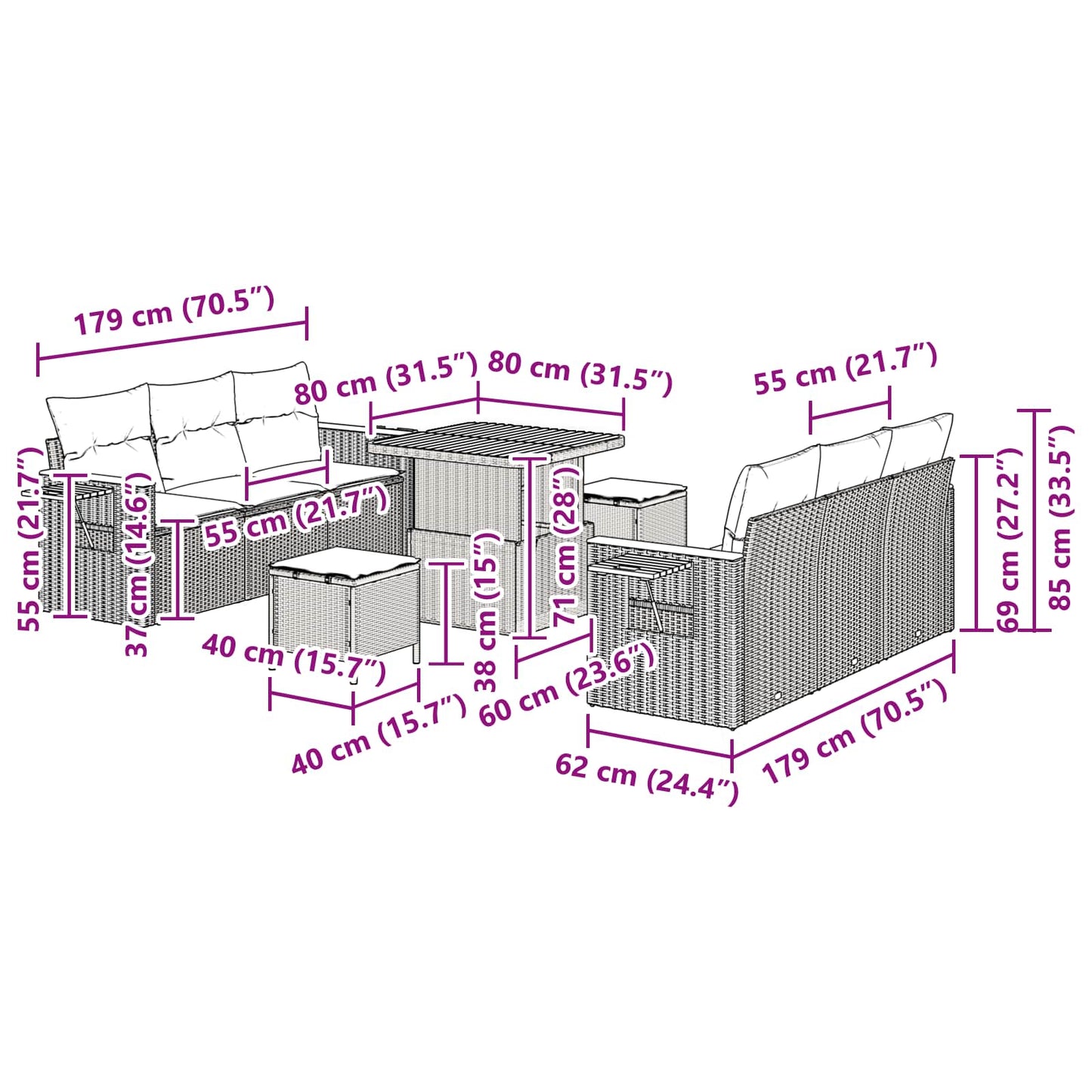 Gartensofa-set 9 stk. Schwarz Poly-Rattan
