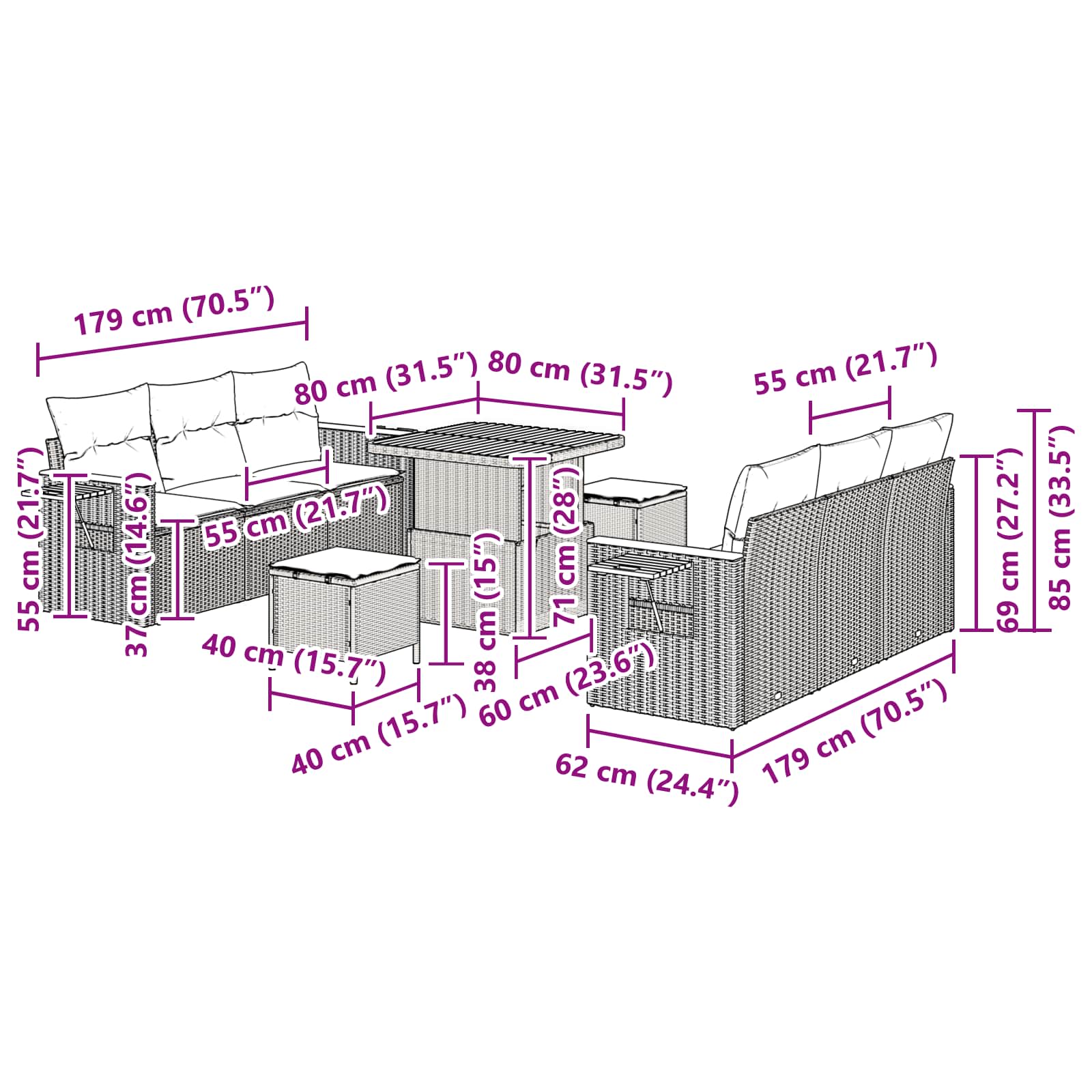 Gartensofa-set 9 stk. Schwarz Poly-Rattan