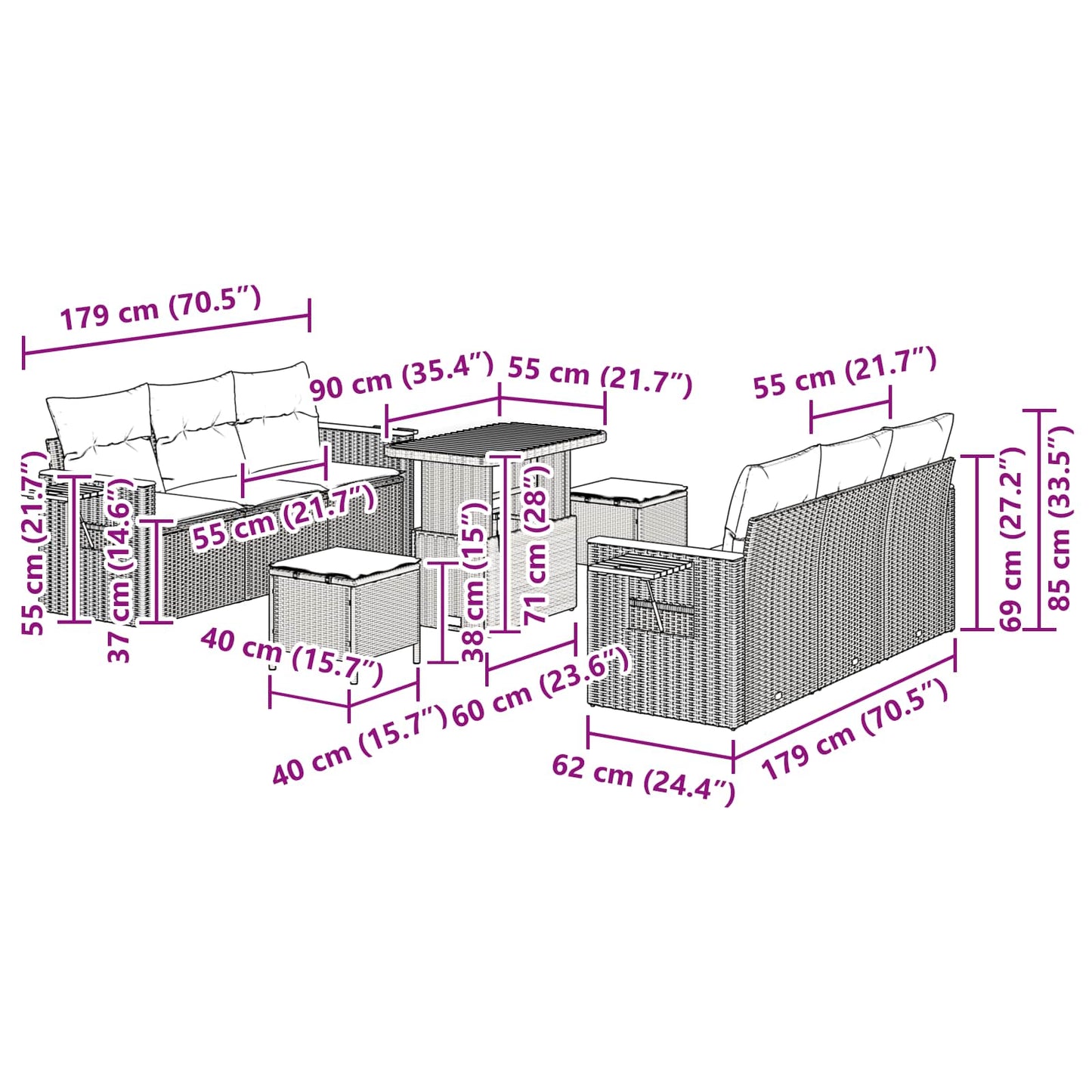 Gartensofa-set 9 stk. Beige Poly-Rattan