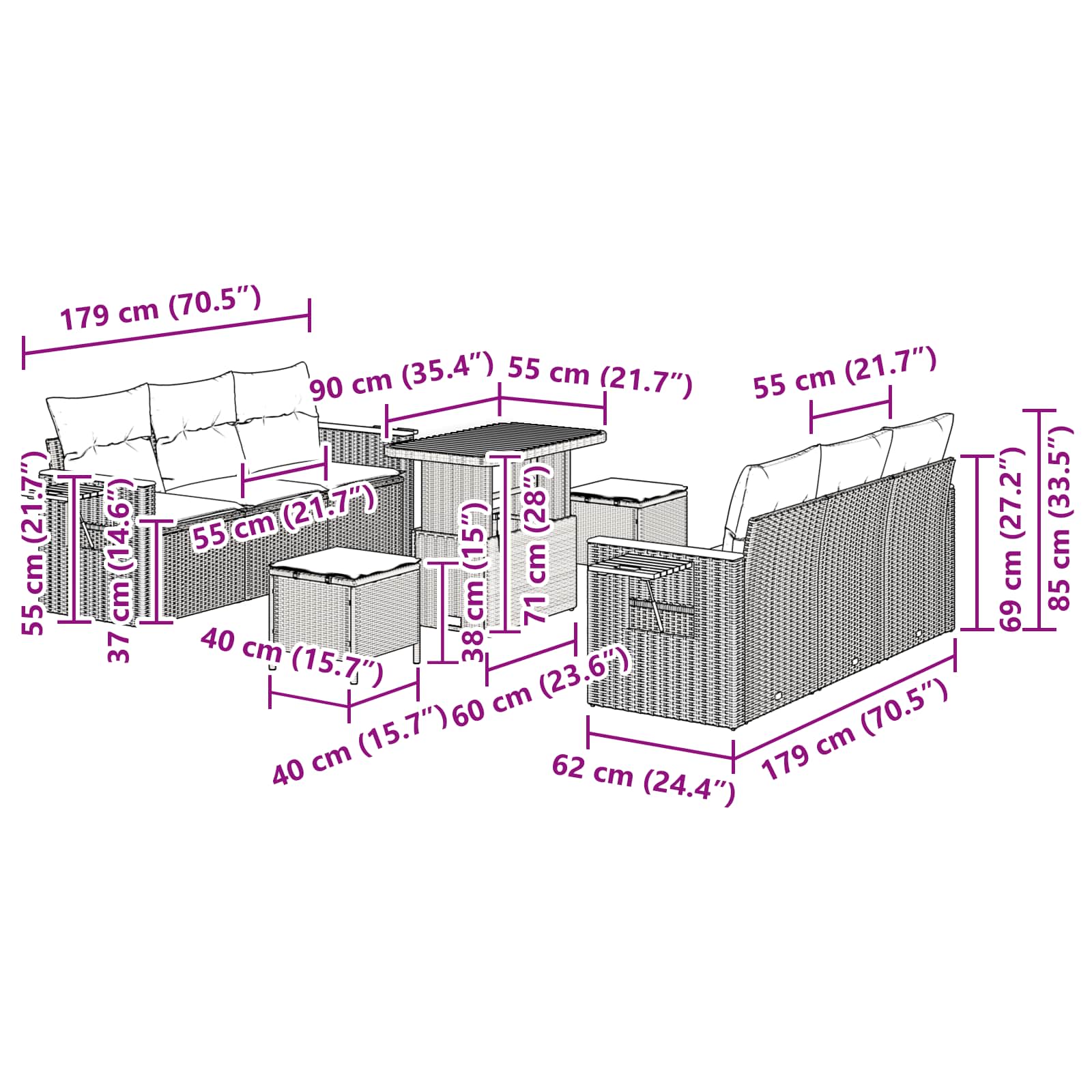 Gartensofa-set 9 stk. Beige Poly-Rattan