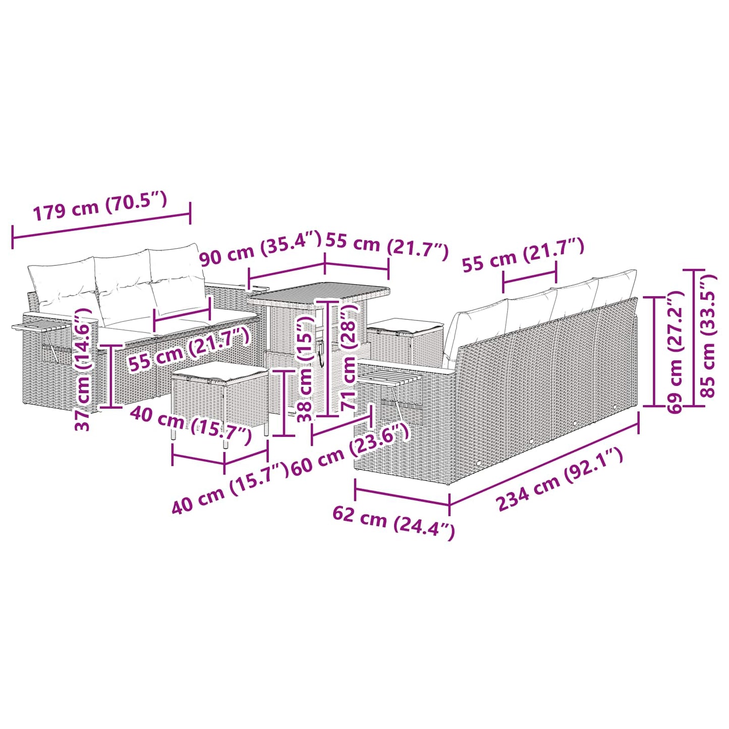 Gartensofa-set 10 Stk. Schwarz Poly-Rattan