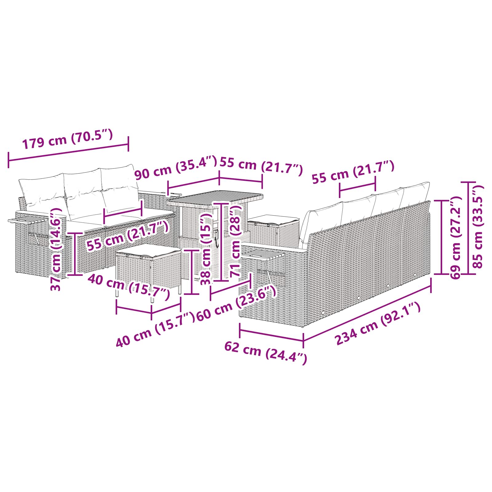 Gartensofa-set 10 Stk. Schwarz Poly-Rattan