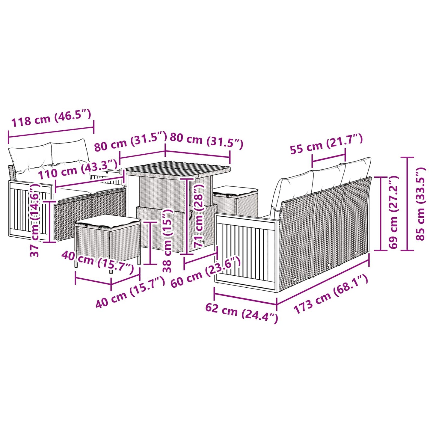 Gartensofa-set 8 stk. 8-Sitzanzahl Beige und Creme