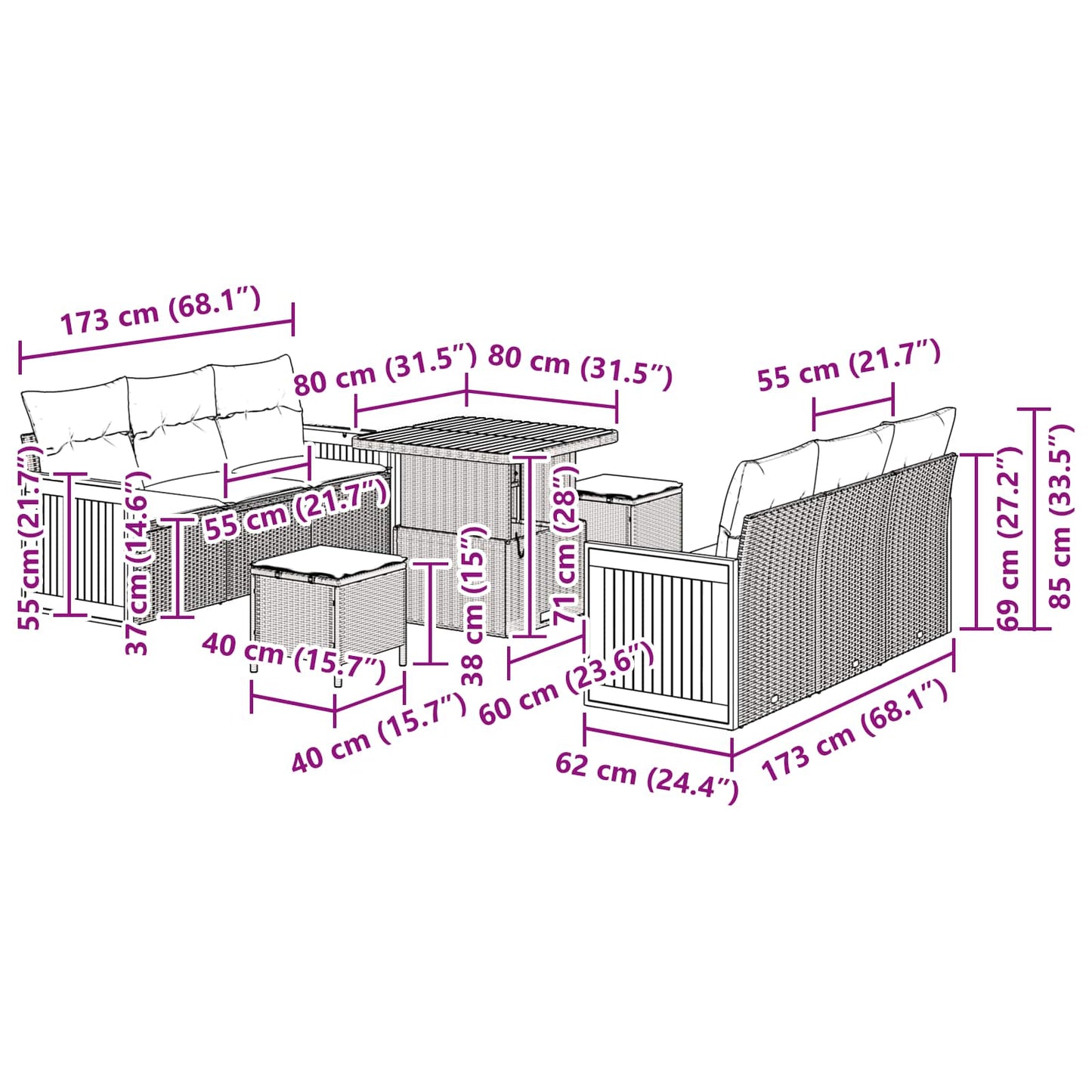 Gartensofa-set 9 stk. 8-Sitzanzahl Schwarz