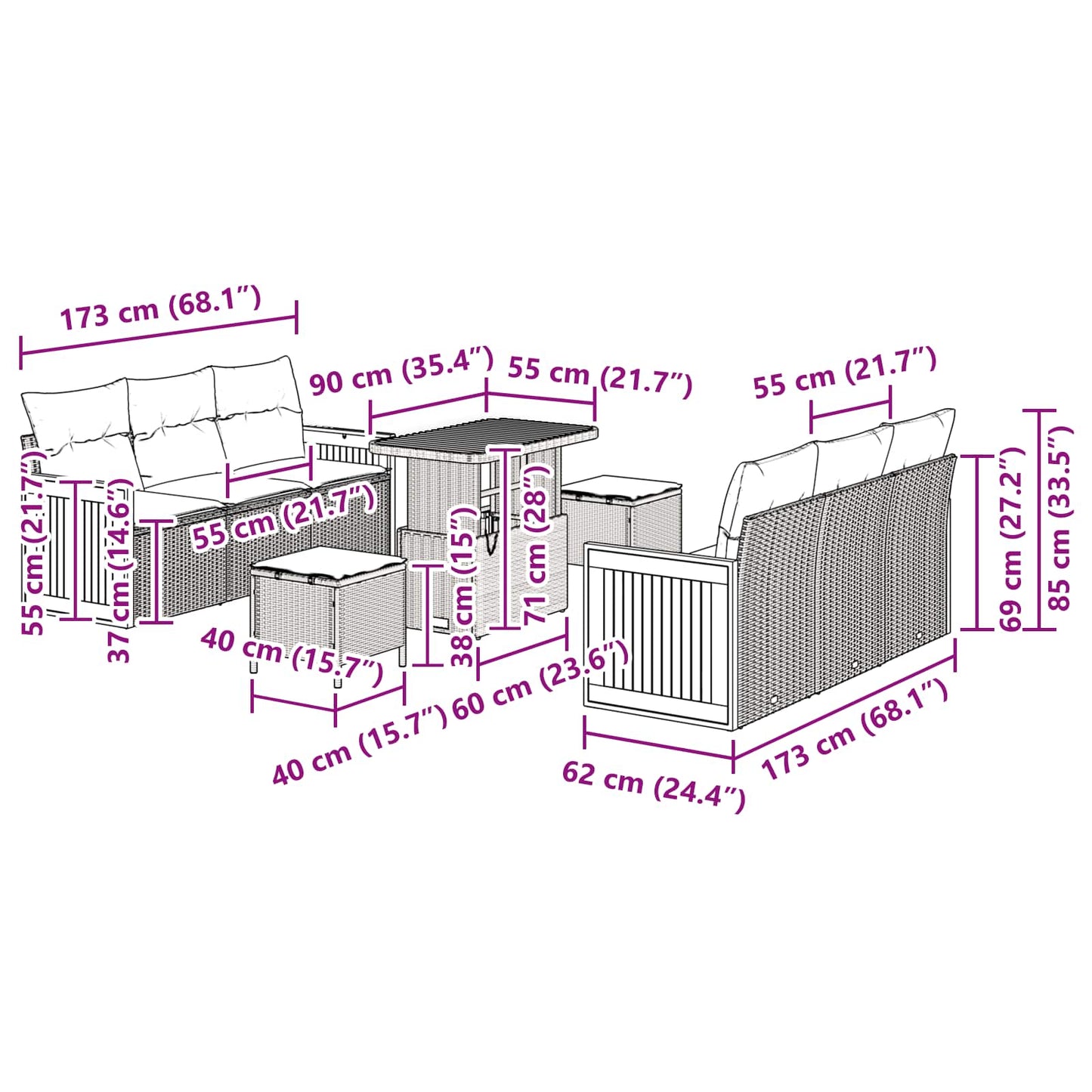 Gartensofa-set 9 stk. 8-Sitzanzahl Schwarz