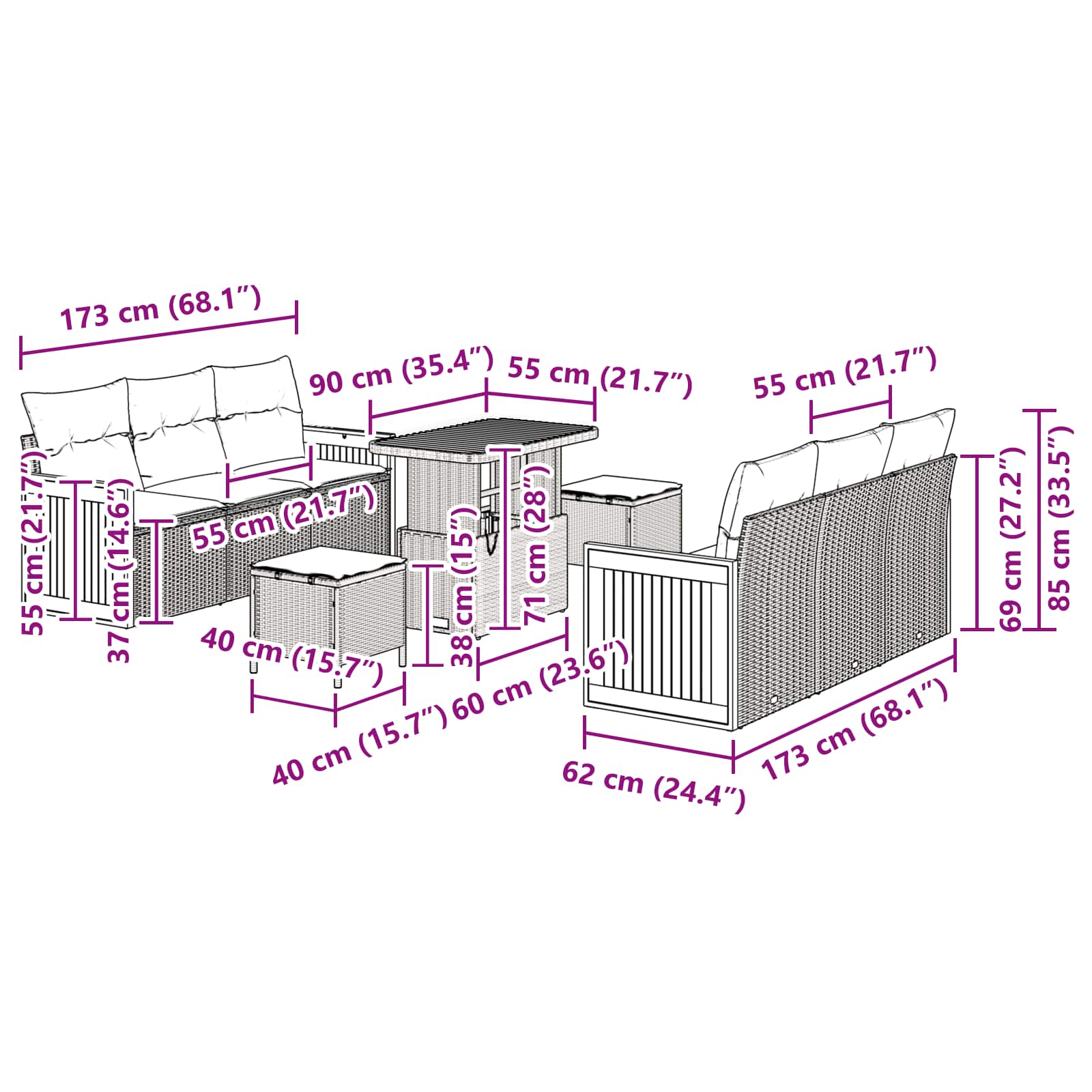 Gartensofa-set 9 stk. 8-Sitzanzahl Schwarz