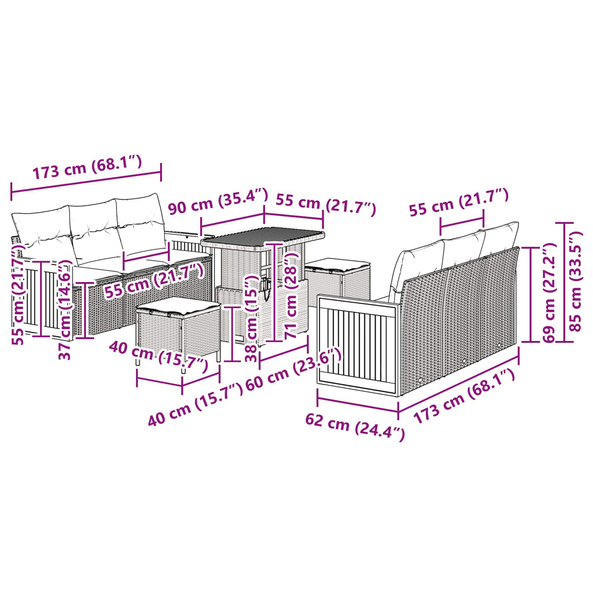 Gartensofa-set 9 Stk. 8-Sitzanzahl Beige und Creme