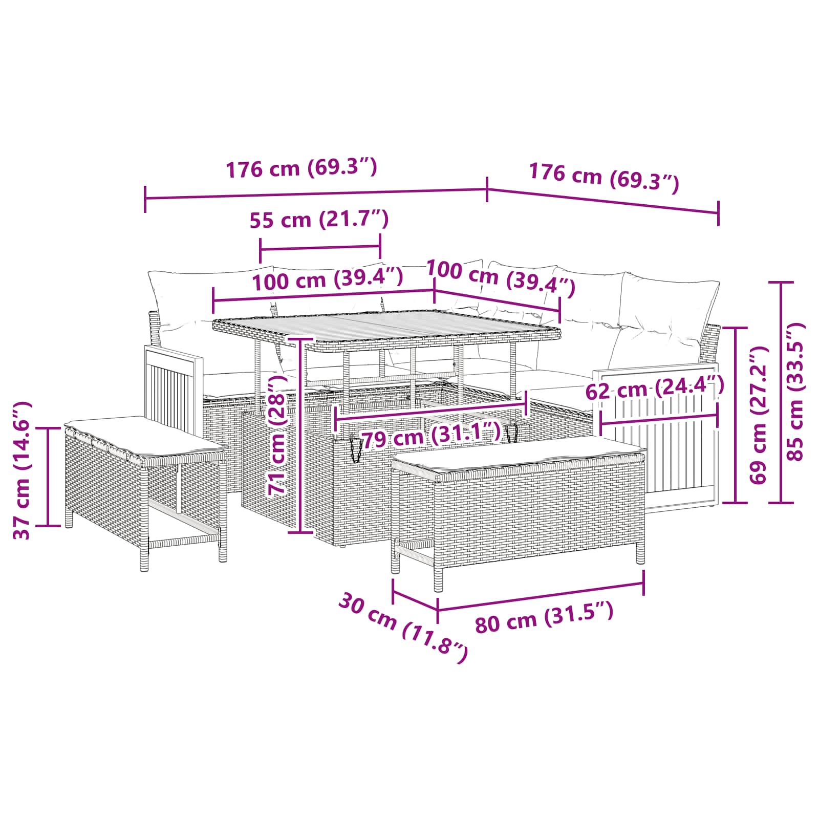 Gartensofa-set 8 stk. 8-Sitzanzahl Schwarz