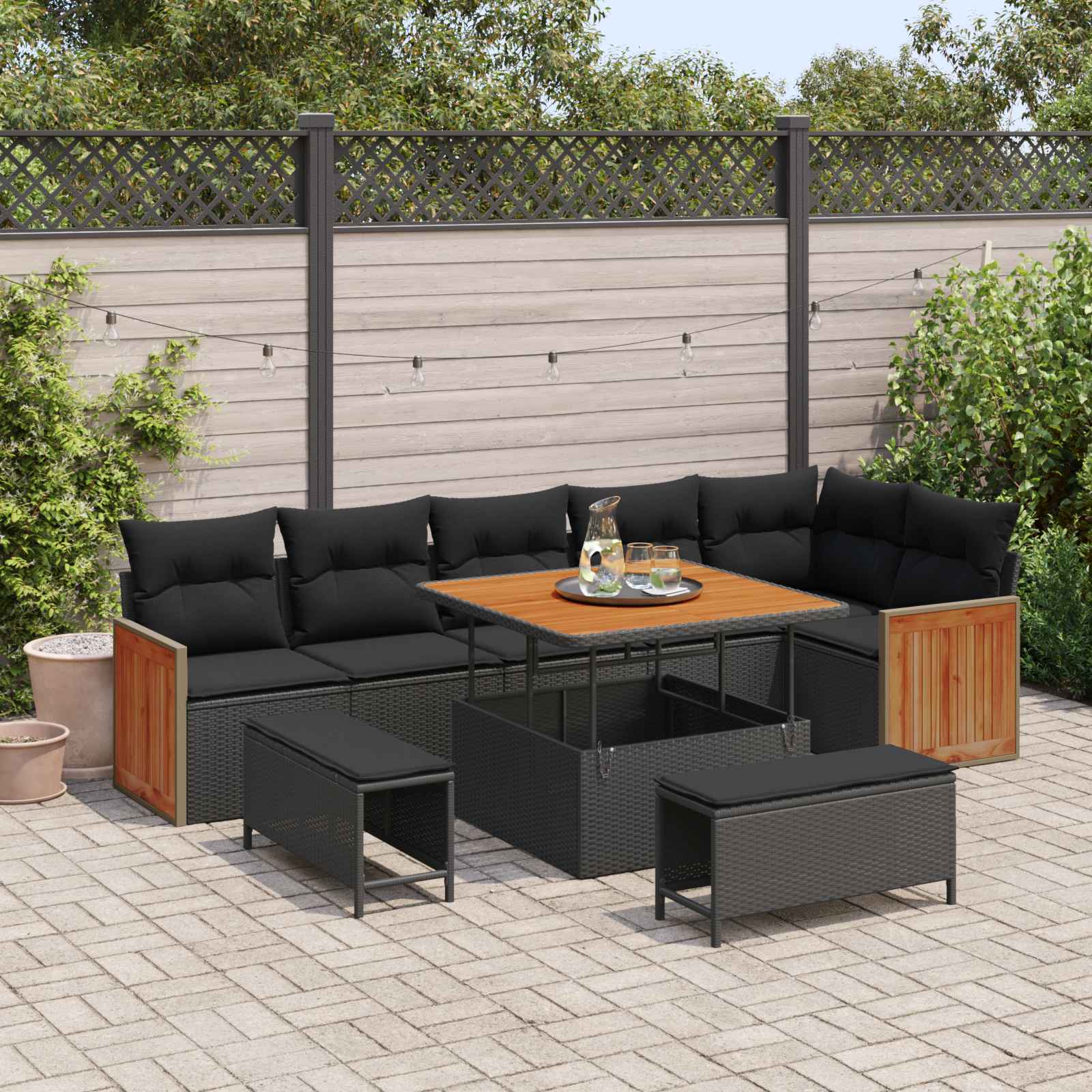 Gartensofa-set mit Kissen 9 pcs Schwarz
