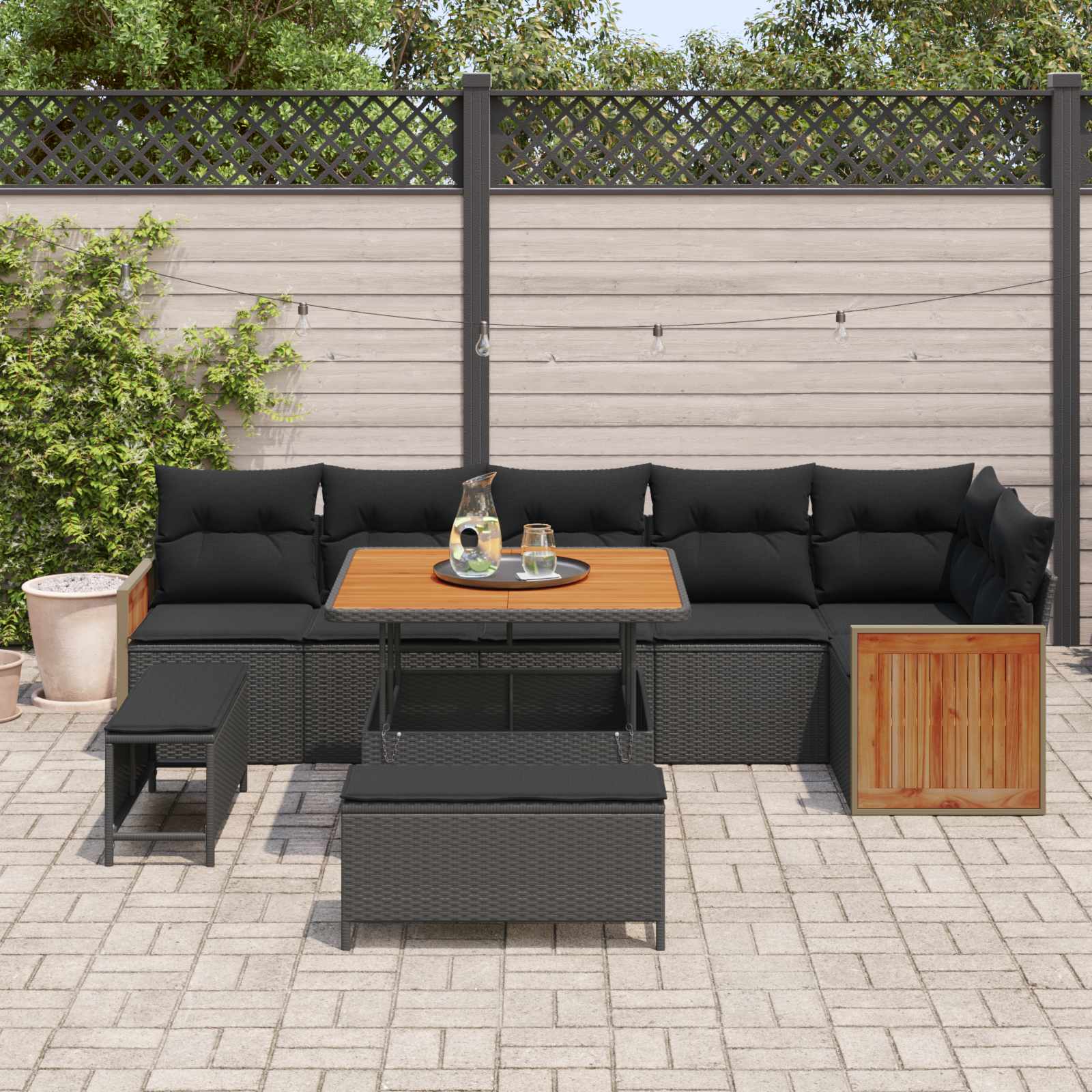 Gartensofa-set mit Kissen 9 pcs Schwarz