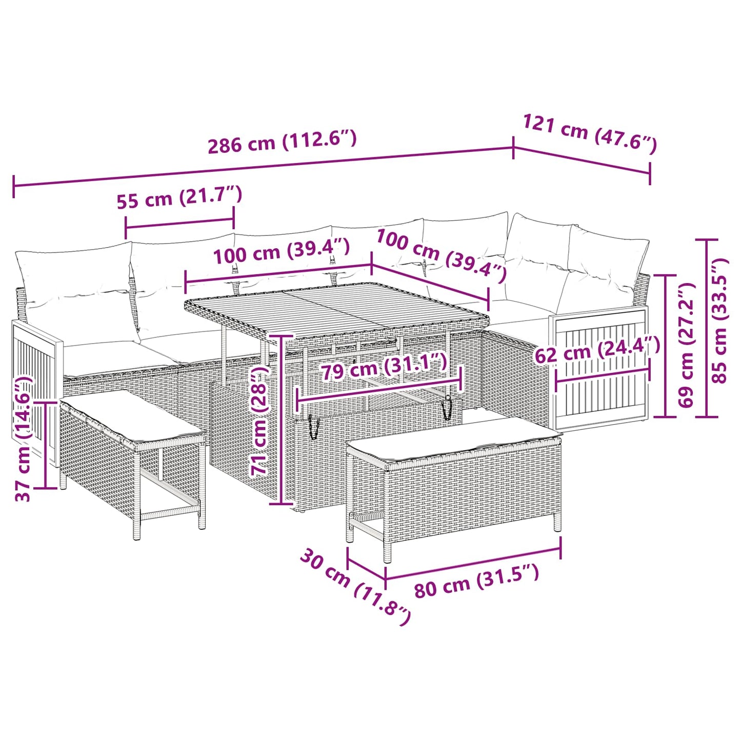 Gartensofa-set mit Kissen 9 pcs Schwarz