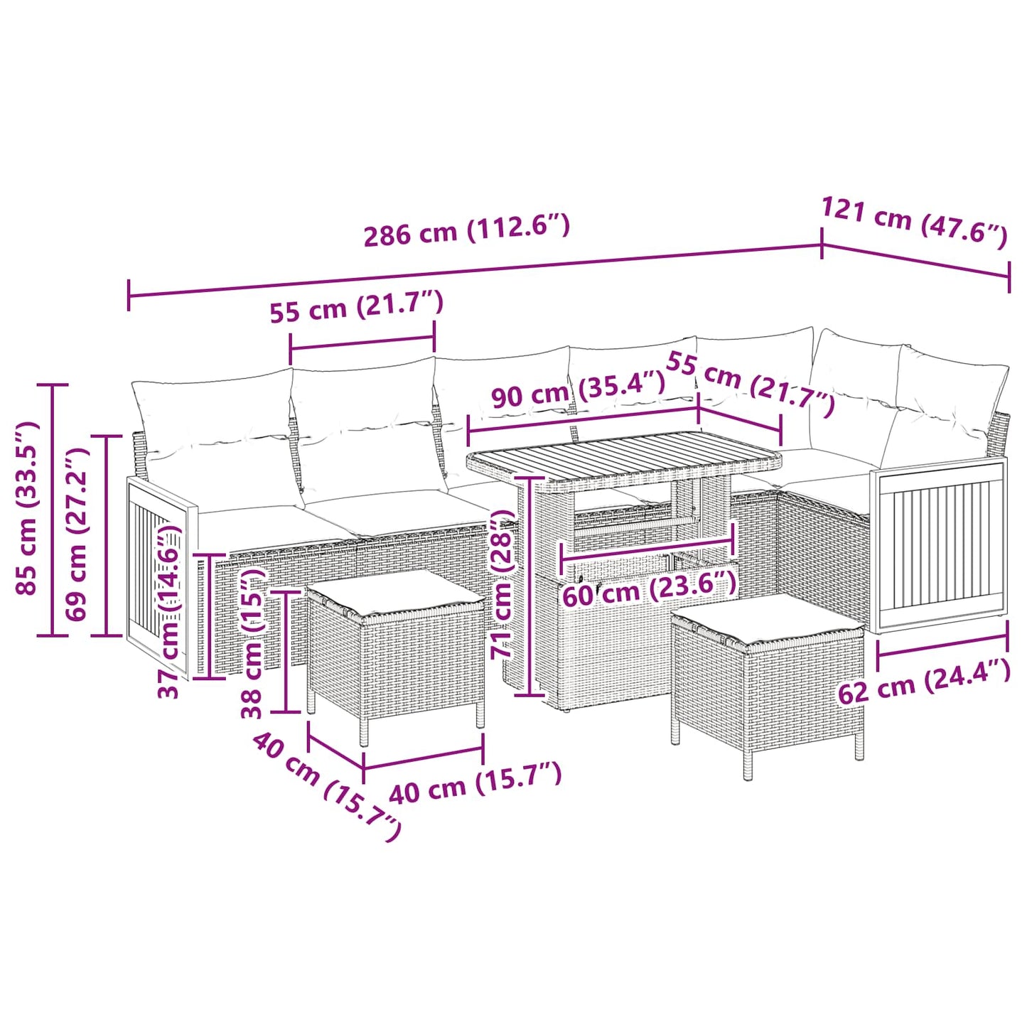 Gartensofa-set mit Kissen 9 pcs Schwarz