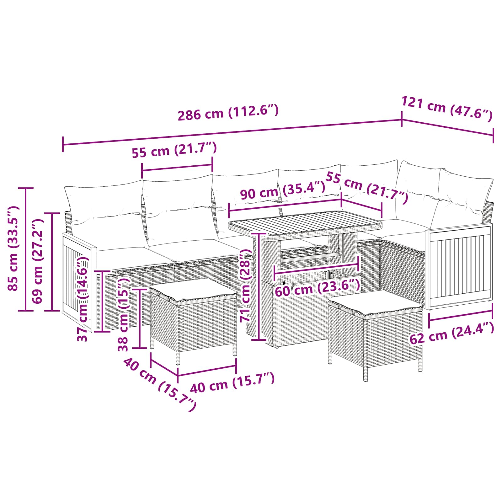Gartensofa-set mit Kissen 9 pcs Schwarz