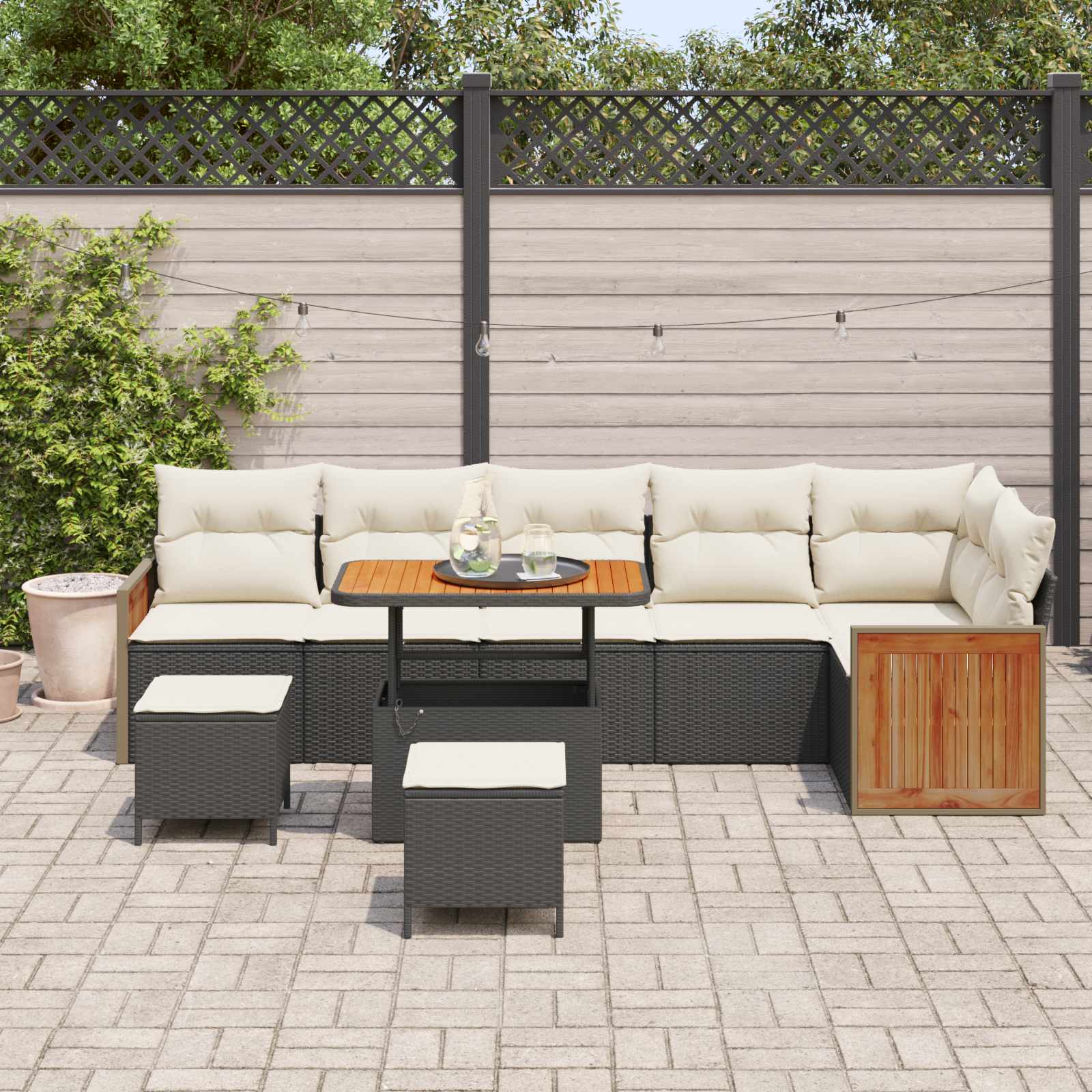 Gartensofa-set mit Kissen 9 pcs Schwarz und Creme
