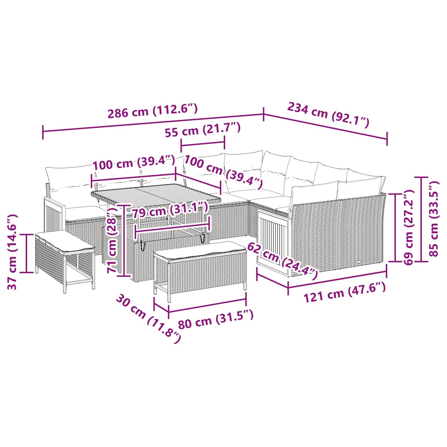Gartensofa-set mit Kissen 12 pcs Schwarz und Creme
