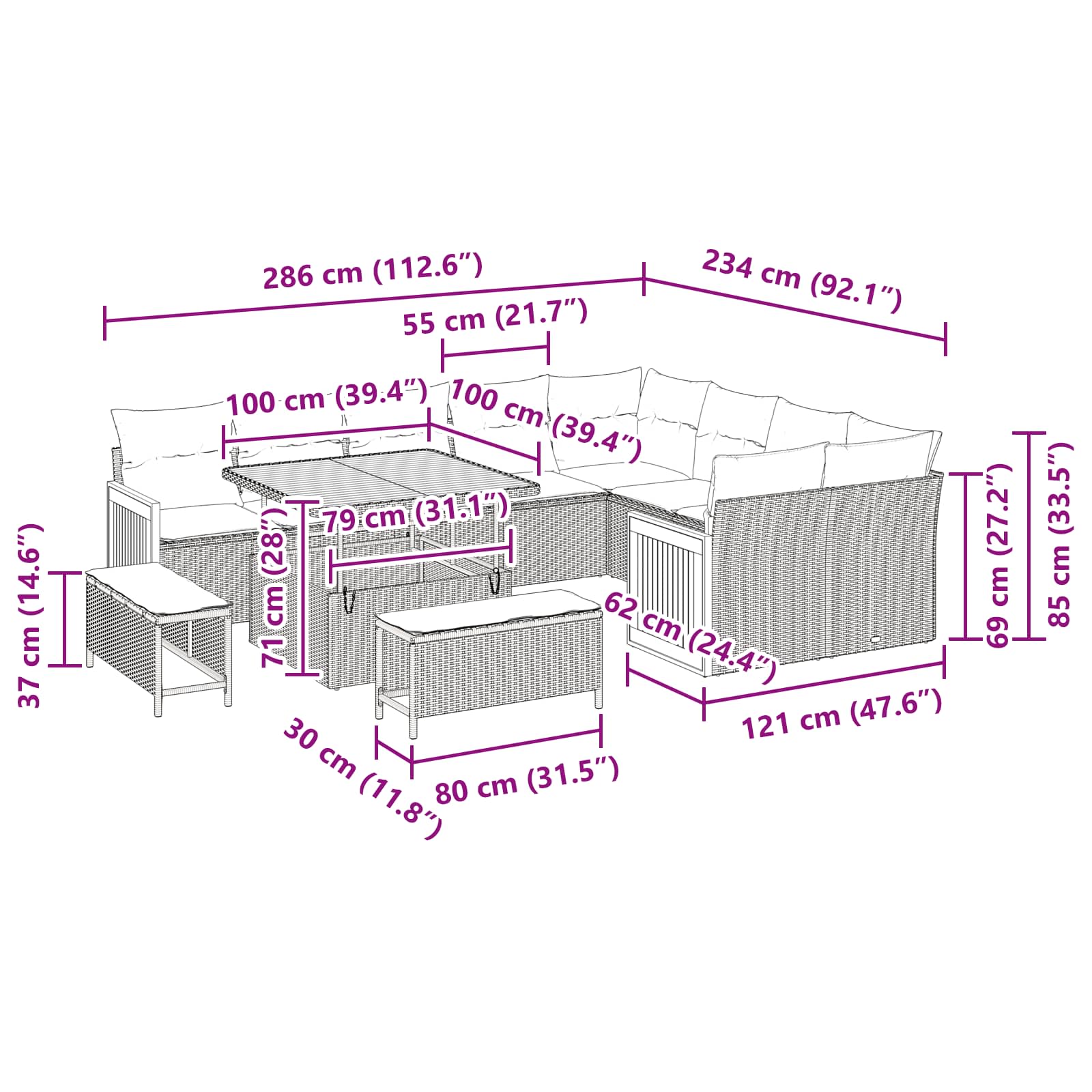 Gartensofa-set mit Kissen 12 pcs Schwarz und Creme
