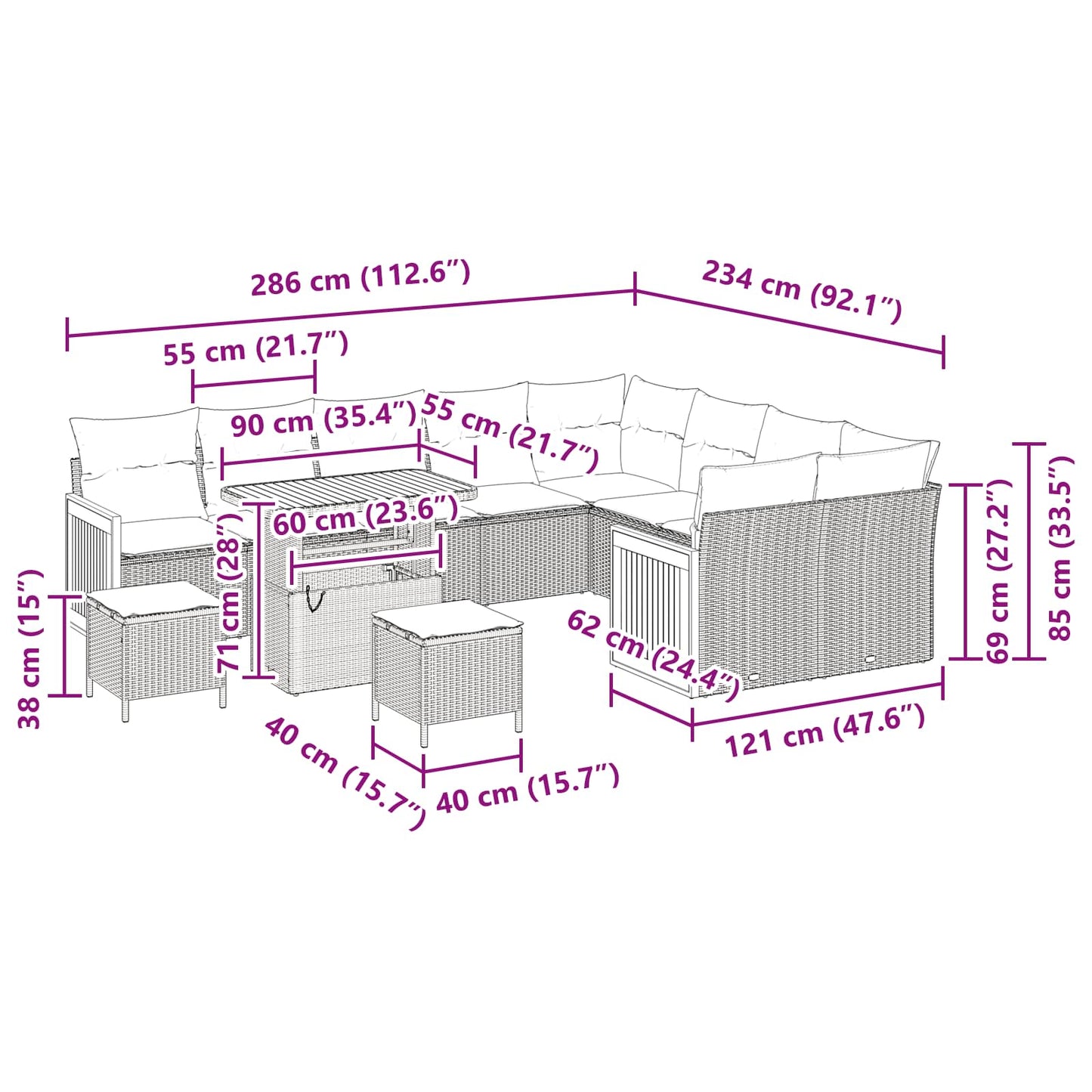 Gartensofa-set 12 stk. 12-Sitzanzahl Schwarz
