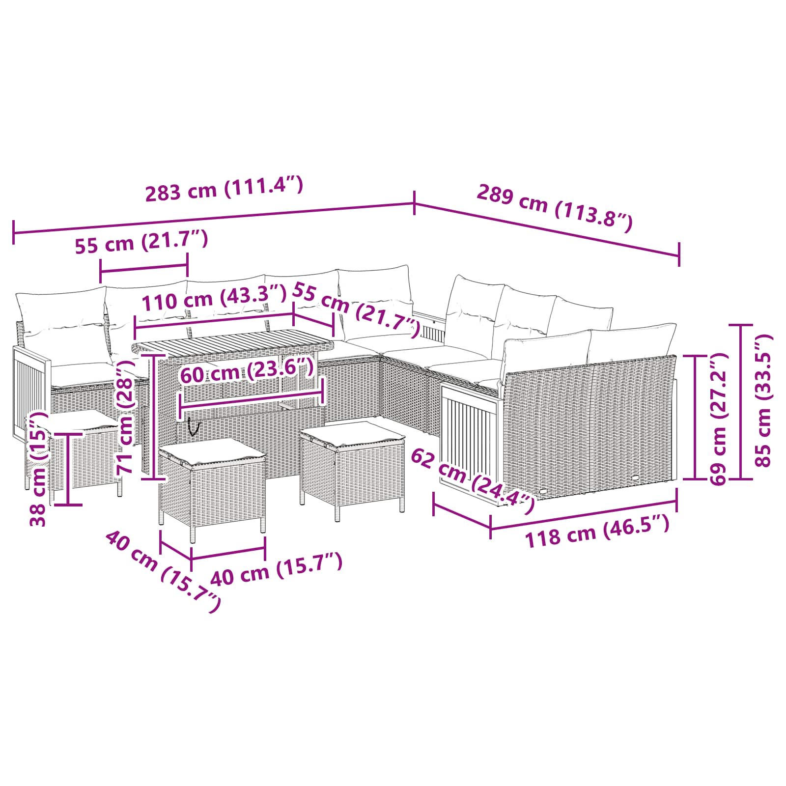 Gartensofa-set mit Kissen 14 pcs Schwarz