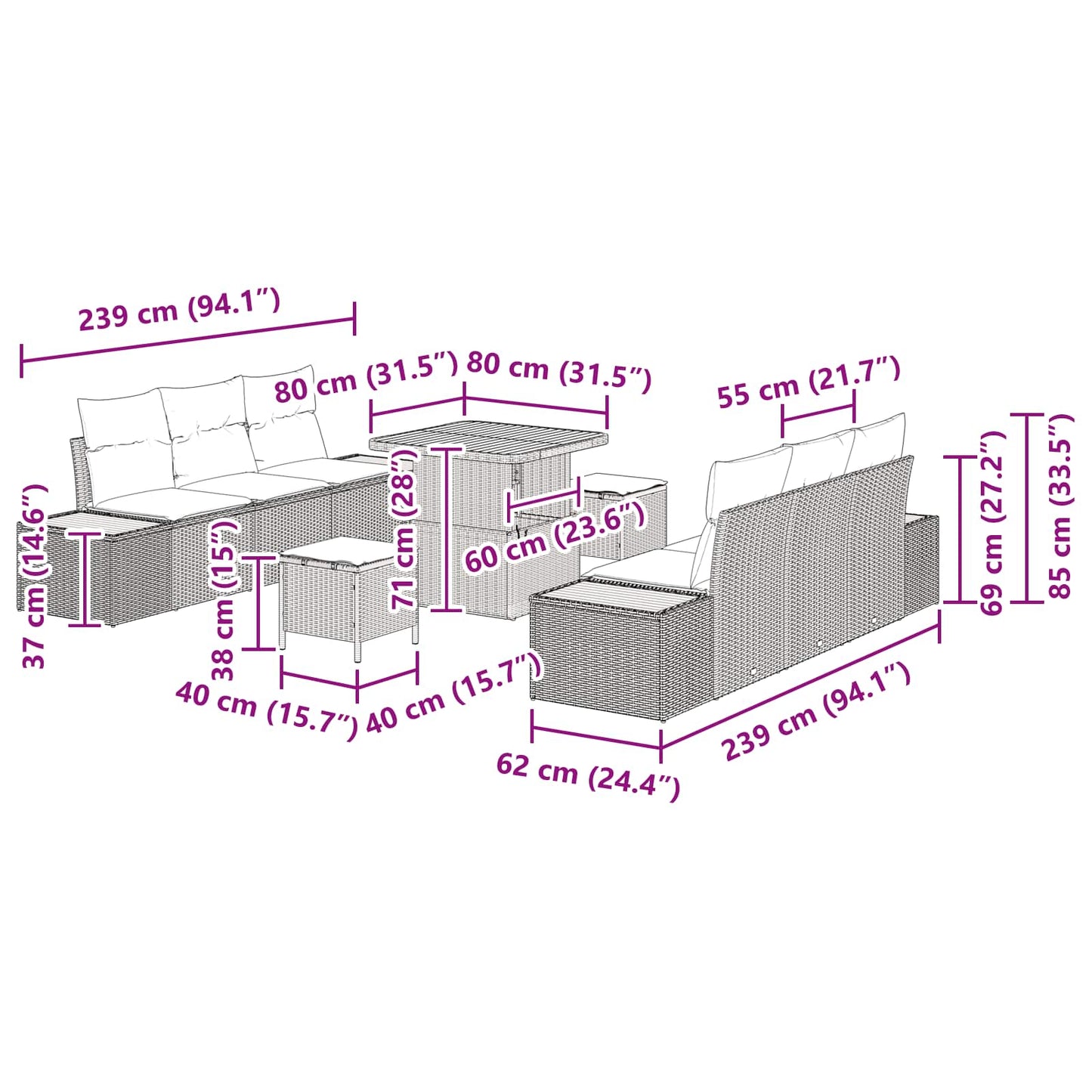 Gartensofa-set 9 stk. 8-Sitzanzahl Schwarz