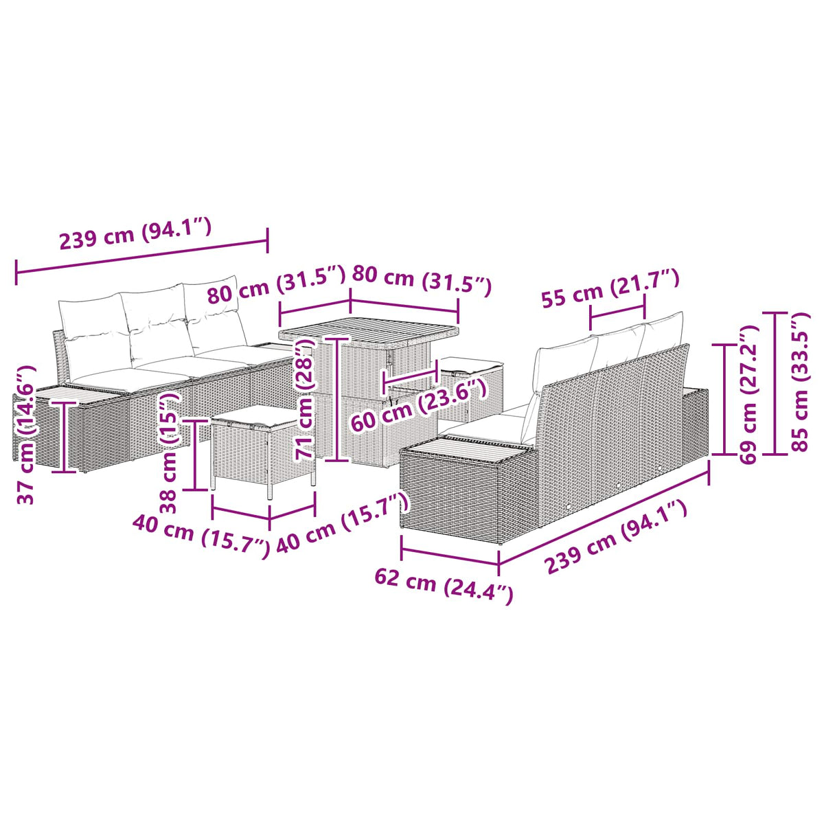 Gartensofa-set 9 Stk. 8-Sitzanzahl Beige und Creme
