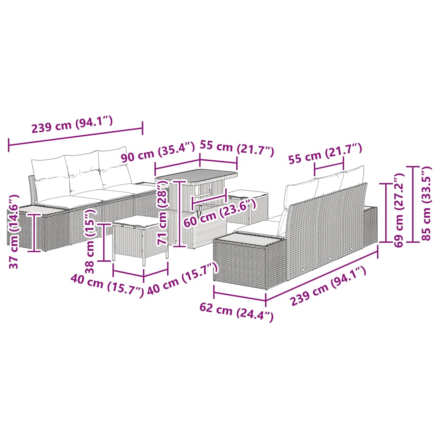 Gartensofa-set 9 stk. 8-Sitzanzahl Schwarz