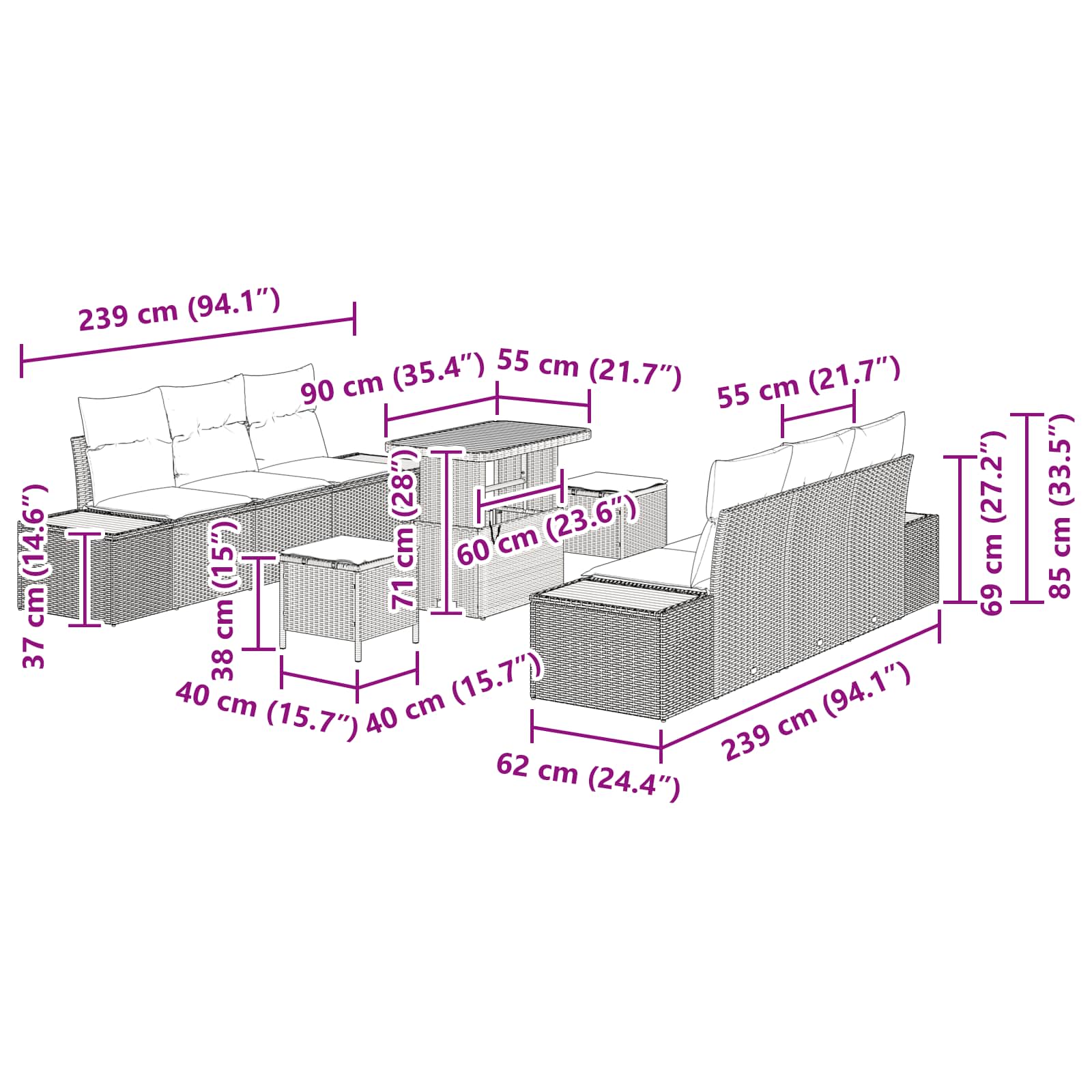Gartensofa-set 9 stk. 8-Sitzanzahl Schwarz