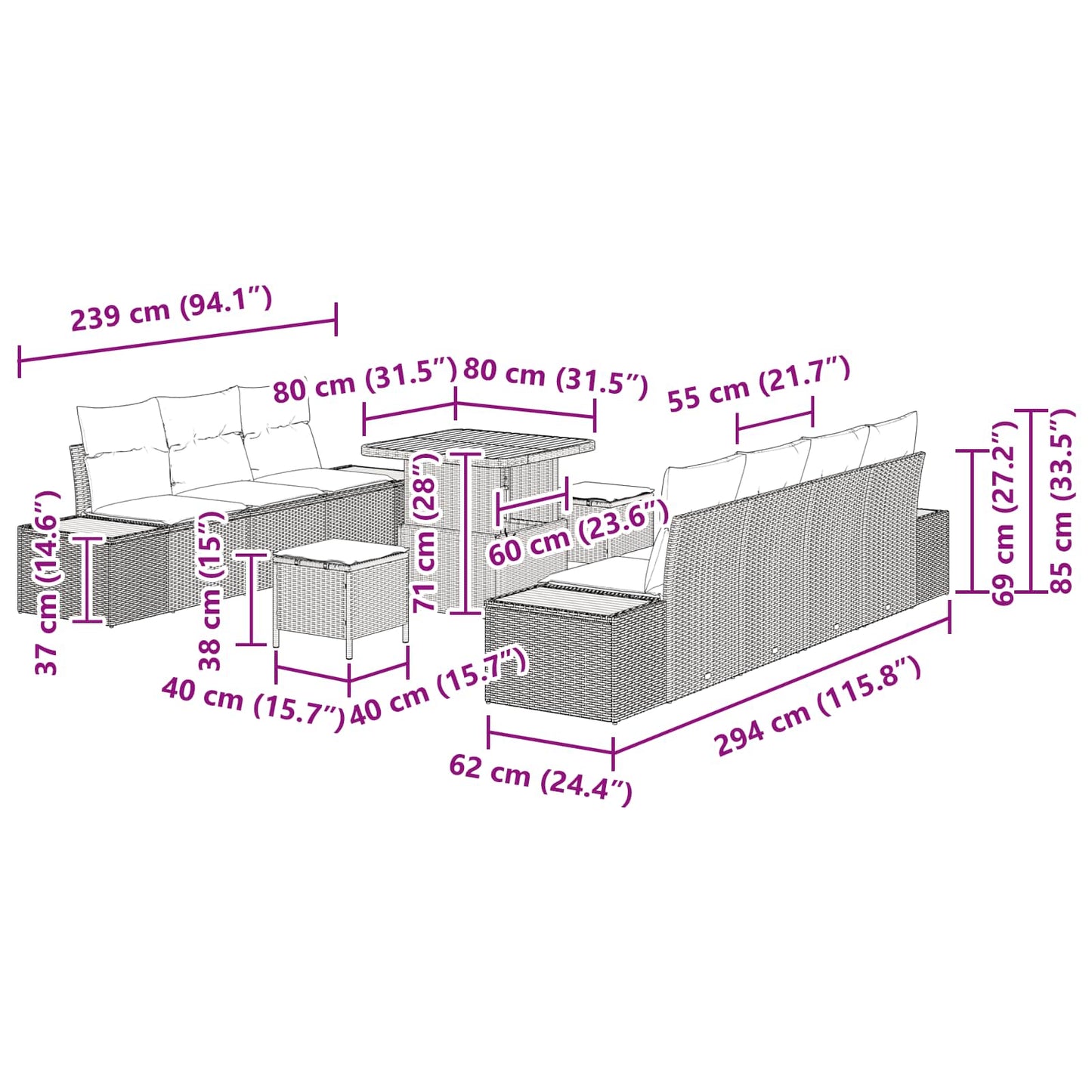 Gartensofa-set 10 stk. 9-Sitzanzahl Schwarz