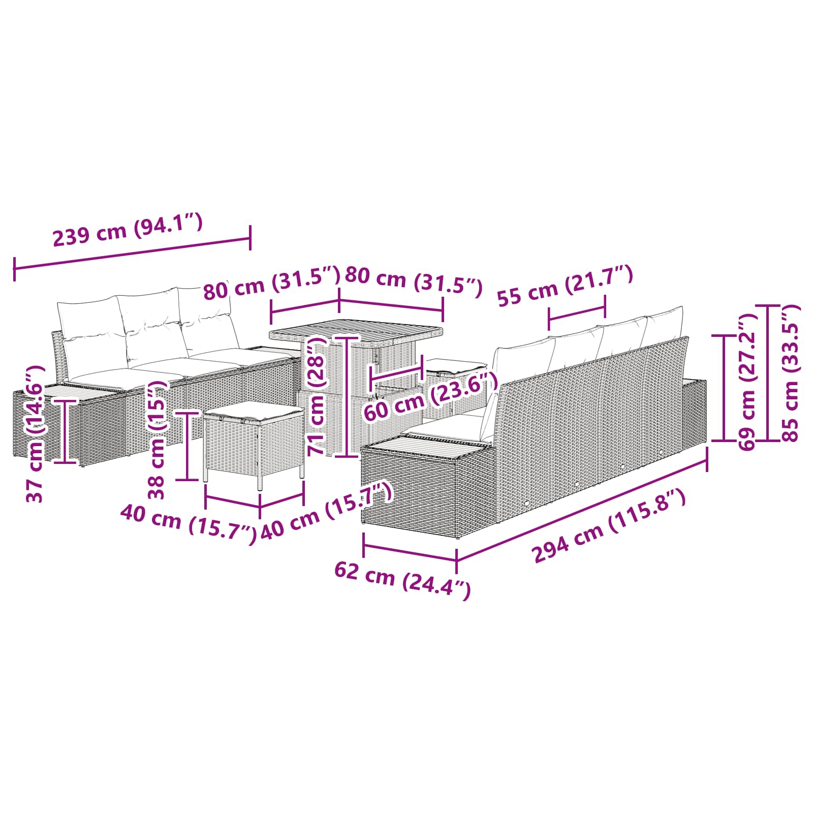 Gartensofa-set 10 stk. 9-Sitzanzahl Schwarz