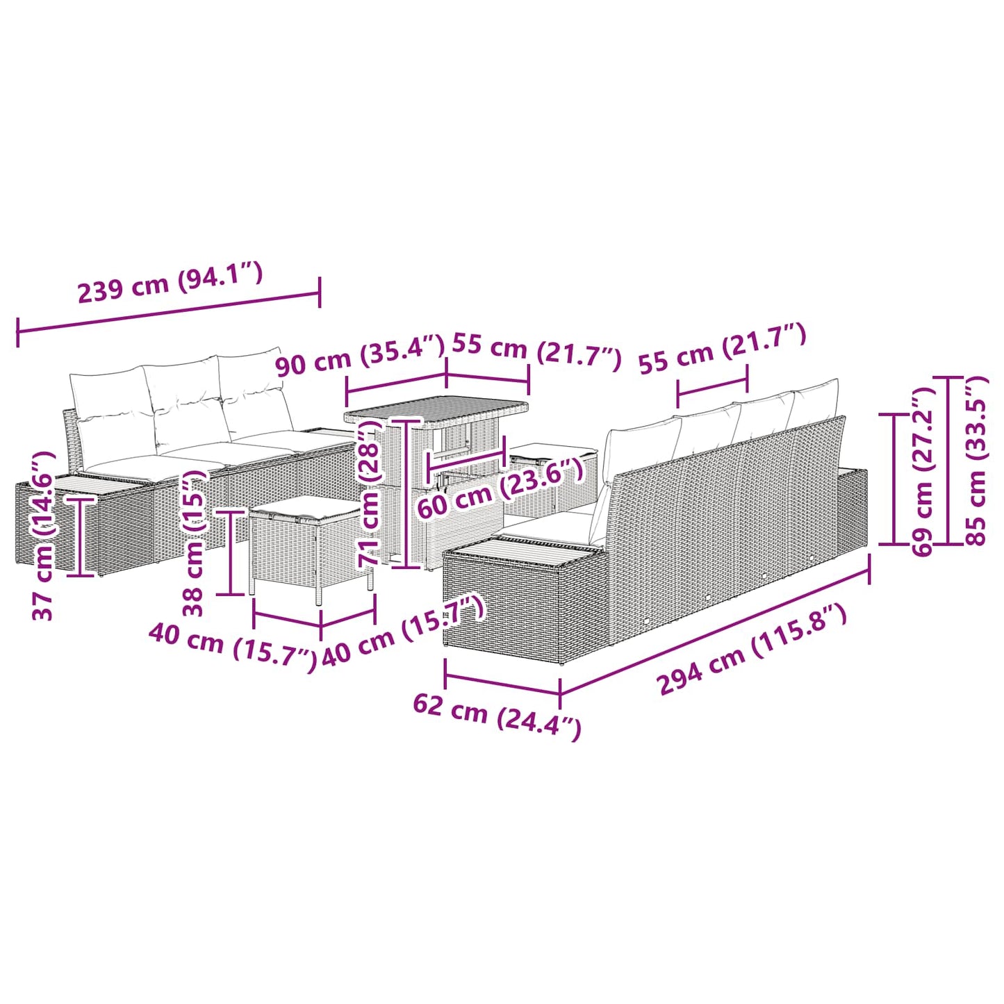 Gartensofa-set 10 stk. 9-Sitzanzahl Schwarz