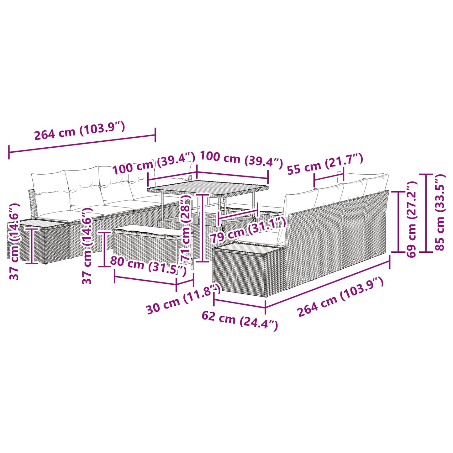 Gartensofa-set mit Kissen 11 pcs Schwarz