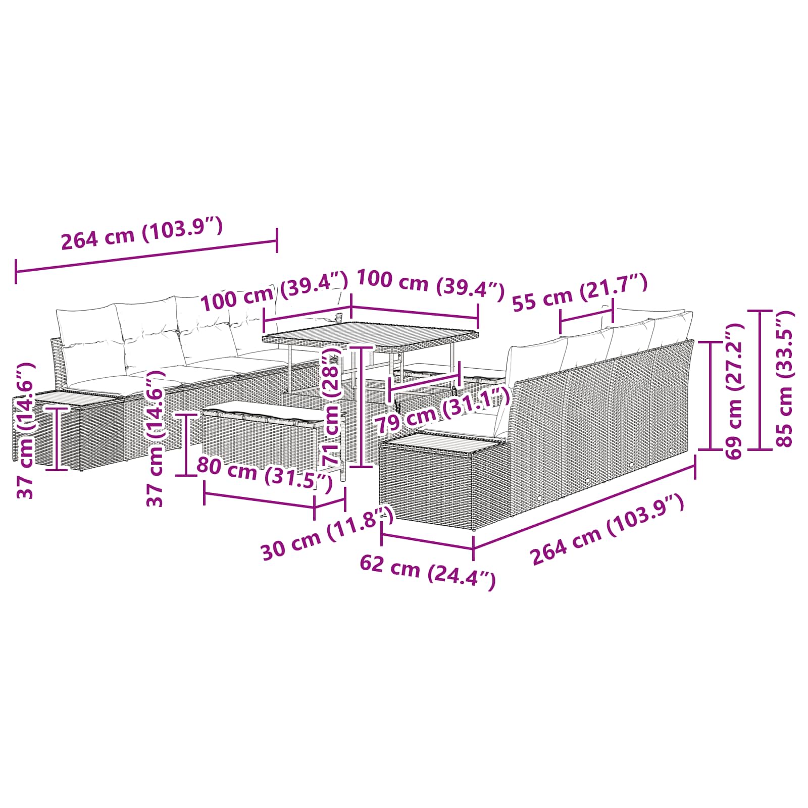 Gartensofa-set mit Kissen 11 pcs Schwarz