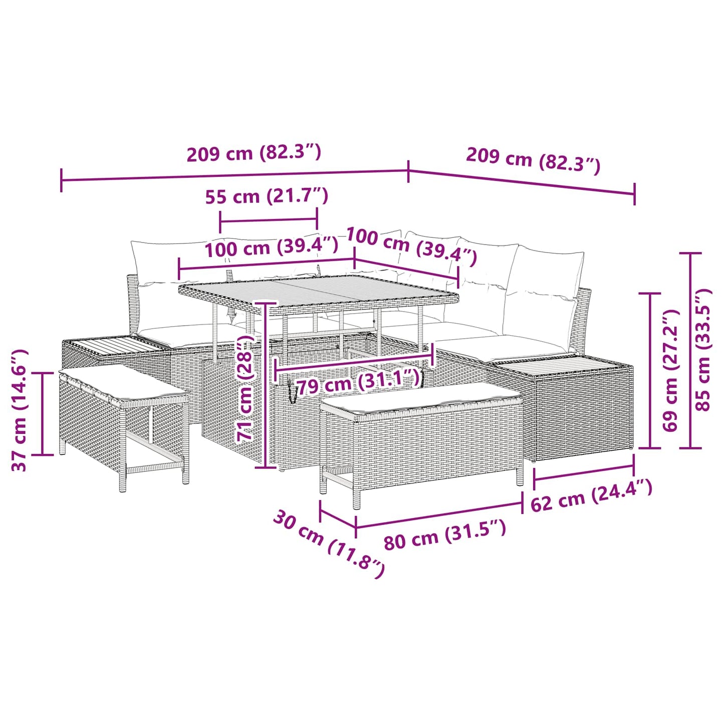 Gartensofa-set 8 stk. 7-Sitzanzahl Schwarz