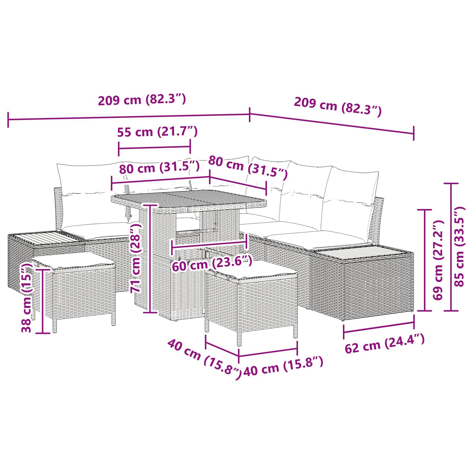 Gartensofa-set 8 stk. 7-Sitzanzahl Schwarz